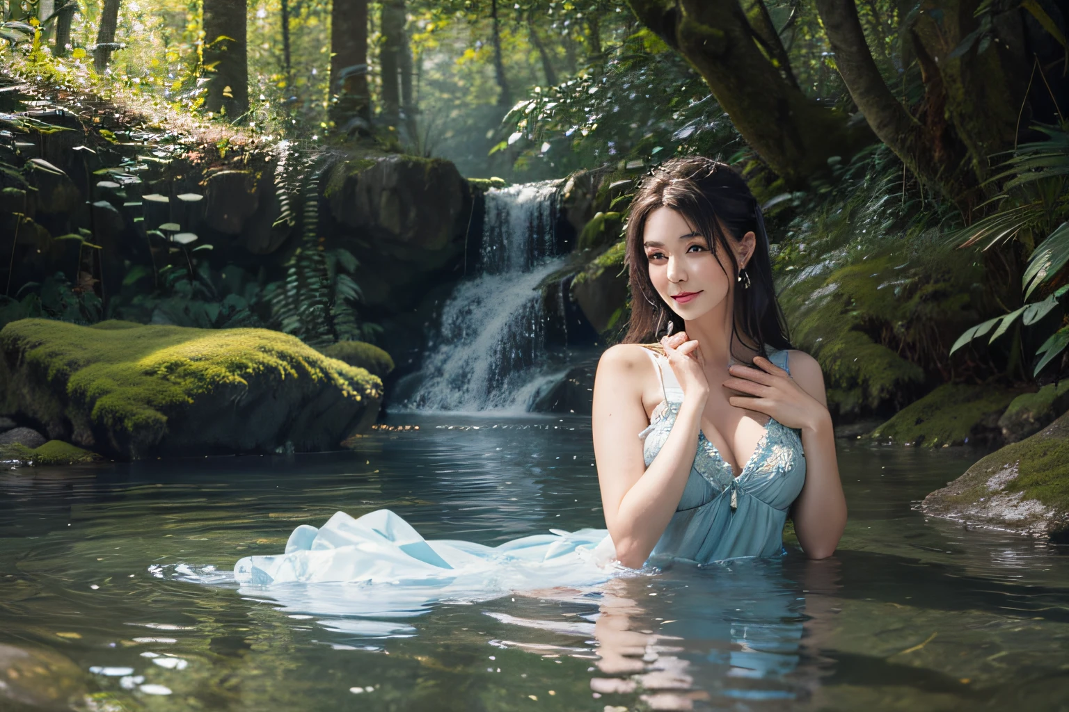 (best quality,4k,8k,highres,masterpiece:1.2),ultra-detailed,(realistic,photorealistic,photo-realistic:1.37),portrait of fairies,enjoying water play in a beautiful river in the forest,fairy with detailed face and hands, enchanted woodland scene, sparkling water, sunlight streaming through the trees, vibrant colors, ethereal atmosphere, delicate wings, flowing dresses, mischievous expressions, shimmering reflections on the water surface