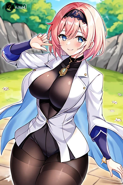 1girl, anime screencap, 2d, anime style, eyla \(genshin impact\), pink hair, breasts, large breasts, thick thicks, wide hips, smile, black headband, headband, hourglass figure, very short hair, short hair, cropped jacket, white jacket, bolero, black shirt, blue eyes, white shorts, pantyhose, black pantyhose