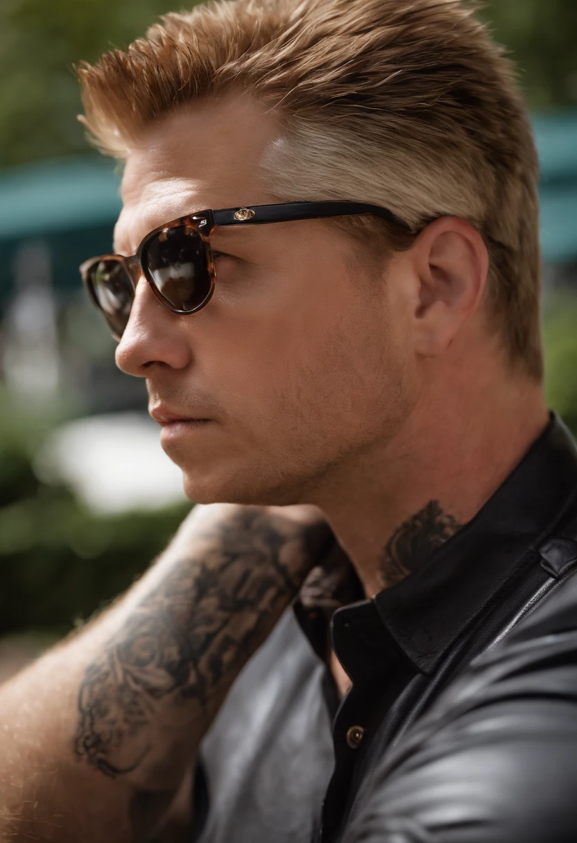 A sizzling plate of Memphis-style BBQ ribs, caramelized and charred to perfection,original,He is a white man. He has platinum blonde short hair that he wears spiked up. He also keeps a dark goatee. He is chubby. He often wears accessories like spiked punk bracelets and black Oakley sunglasses. He has tattoos on his left arm. His ears are pierced.