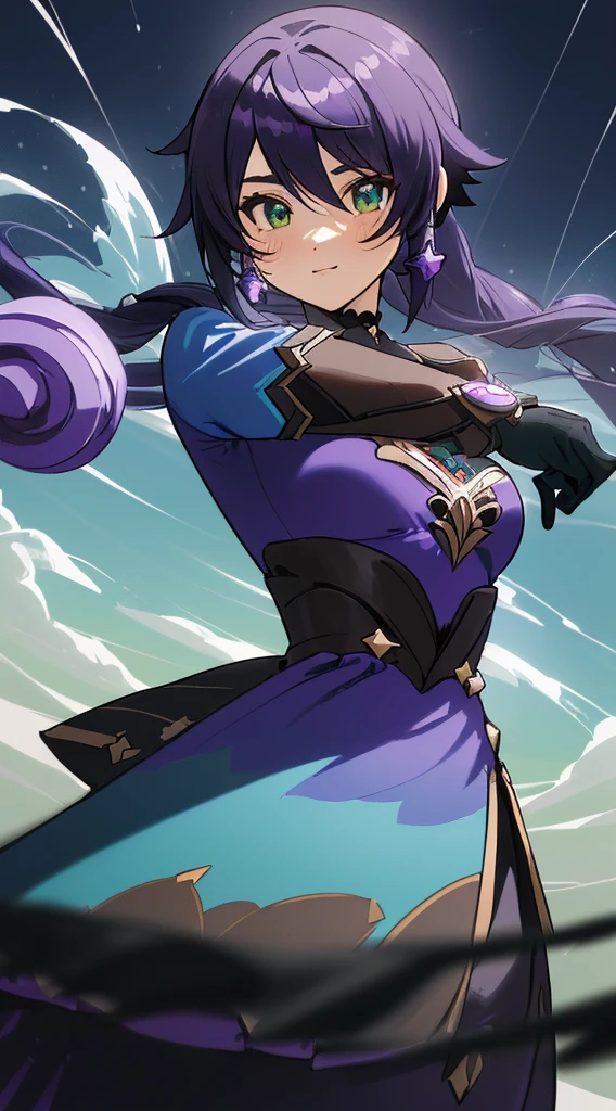 Genshin impact Personagem Mona, (corpo inteiro), olhos azuis detalhado, cabelo preto detalhado, Very detailed 4k landscape scenery roxo e azul, Poderes roxo brilhante desfocado (Papel de parede extremamente detalhado da unidade CG 16k:1.1), (Strength that eliminates noise: 1.45), (tObra-prima:1.37), ((Arte Oficial)), UHD
