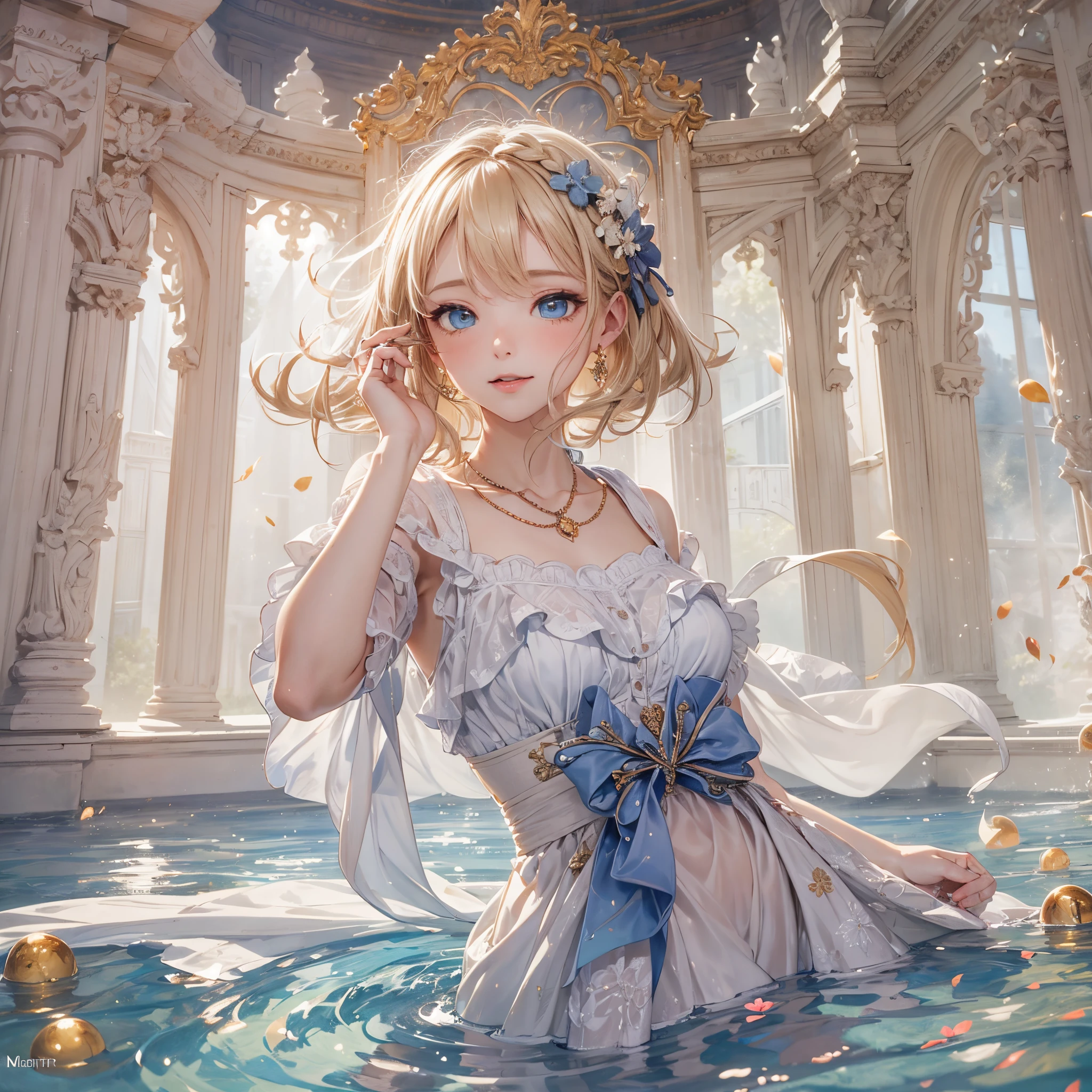 (masterpiece),(top-quality:1.2),1girl in,(masuter piece:1.3),exquisitedetails, Highest quality 8K resolution, Ultra-detailed, Realistic, Vibrant colors, Soft tones, With warm and gentle lighting,(Smooth straight blonde hair:1.2),(Hair parted in the middle:1.3),(Glowing hair),(Dark blue eyes:1.3),White skin, hair clips,Small necklace,A gentle feeling overflows,The sun's rays illuminate joy and pure love, Warm golden glow,The atmosphere is full of happiness and laughter, As if celebrating love,Ultra-detailed depiction and vivid colors,A style that combines romanticism and realism,depth of love,color palettes,Create an ethereal atmosphere like a dream,Lighting is soft and diffused,masterpiece artwork,