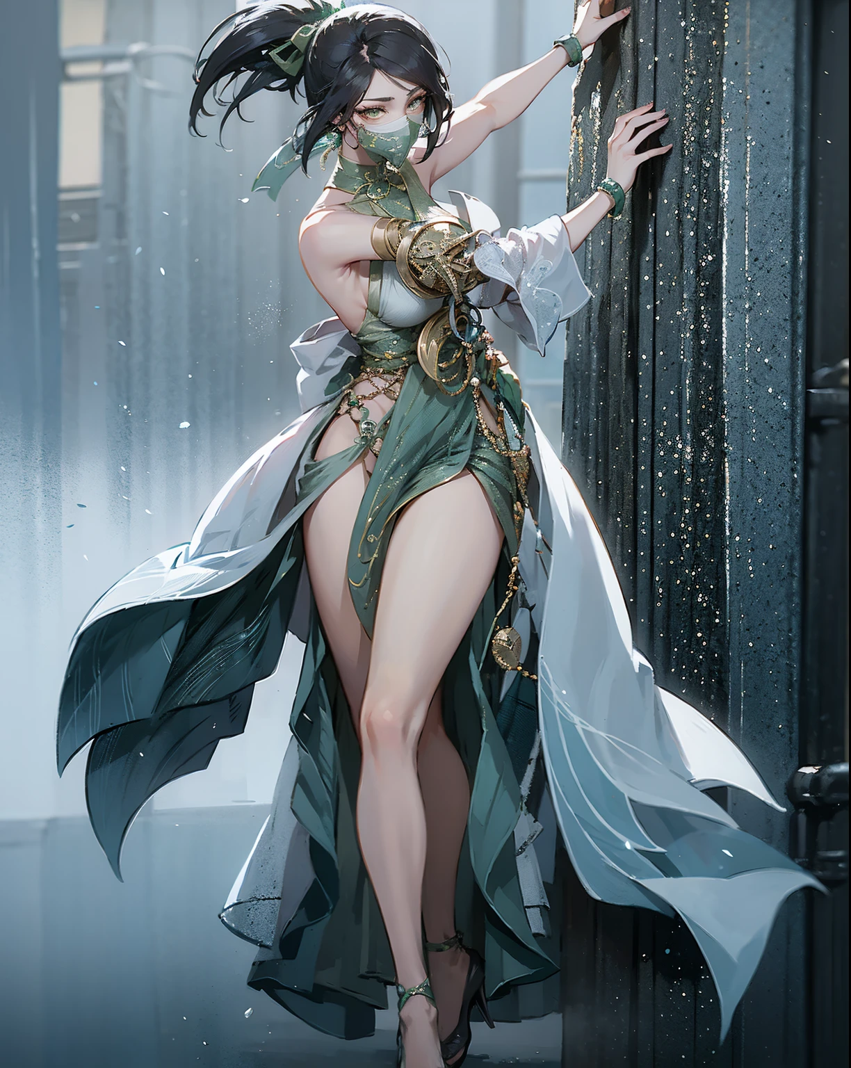 1 plump girl, Full body standing painting, 独奏, Ninja clothes, Gorgeous white dress, Akali, Akali League of Legends, Akali mask, (Block number. 1:1.2),