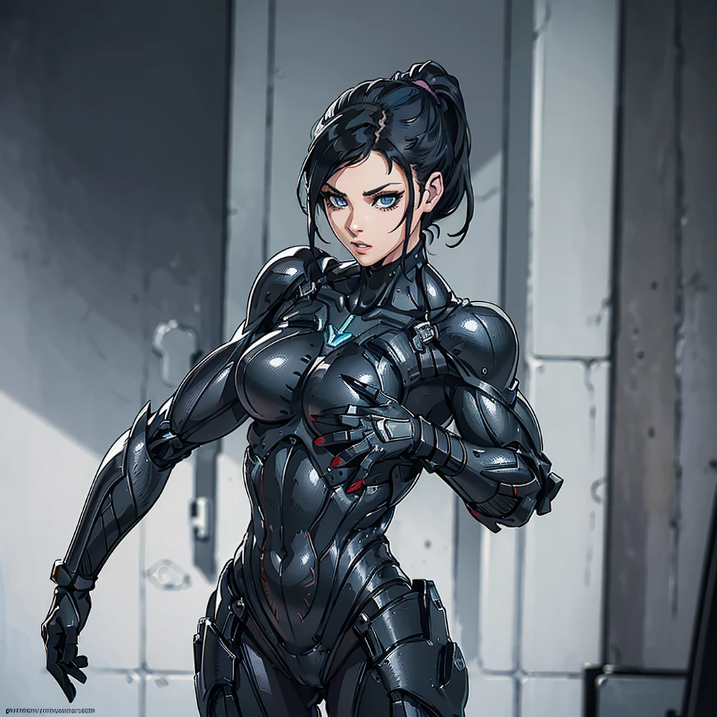 An illustration of Peta Jensen, Short Ponytail , hair pulled back, black hairs, turquoise eyes, Makeup, wearing a Black crysis nanosuit, High resolution, Ultra-pointu, 16k, Masterpiece, standing pose, from side, (Wide Shot),