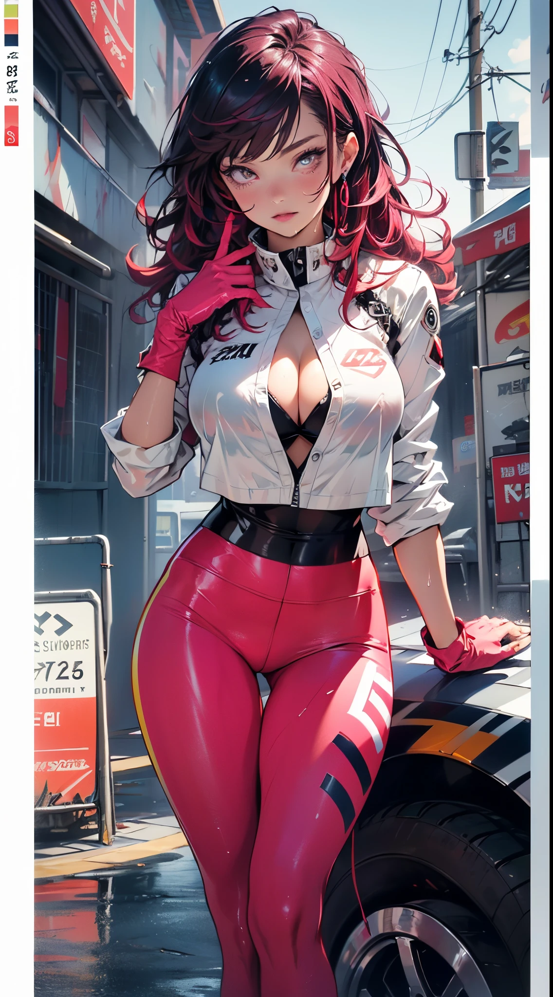 cute pit girl,(((1girl))),((pit girl with extremely cute and beautiful red hair)),

(huge breasts:1.4),saggy breasts,(((red voluminous hair:1.35,absurdly long unkempt hair,colored inner hair,ear breathing,large hair))),((heterochromia:1.5, (red_eye and pink_eye))),intricate eyes,beautiful detailed eyes,symmetrical eyes,((fat)),(((lustrous skin:1.5,bright skin: 1.5,skin tanned,shiny skin,very shiny skin,shiny body,plastic glitter skin,exaggerated shiny skin,illuminated skin,wet legs))),(spider lower abdomen,narrow waist,wide hip,athletic body,inflated legs,detailed body,(detailed face)),

cute,slutty,seductive,erotic,(nsfw),

zettai ryouiki,(((race queen style costume, attractive companion costumes,pit girl costume))),(magenta suit unbuttoned,magenta costume),(((huge cleavage))),cleavage cutout,((wet clothes,intricate outfit,intricate clothes)),

(dynamic pose:1.0),solo focus,embarrassed,(centered,scale to fit dimensions,Rule of thirds),

cyberpunk city by the ocean at night, with bright neon signs and dark stormy clouds and puddles, scenery:1.25,nighttime, starry night, cosmos,Very dark night that makes the neon lights stand out, very bright neon lights,nighttime, starry night, cosmos,

artistic photography,(photography taken by sldr),highres, sharp focus,(ultra detailed, extremely detailed), (photorealistic artwork:1.37),(extremely detailed CG unity 8k wallpaper),((synthwave background theme)),(((vibrant colors))),intricate,(intricate background),(masterpiece),(best quality),perfect rendered face,perfect face details,realistic face,photo realistic,analog style,((intricate detail)),(((realism))),