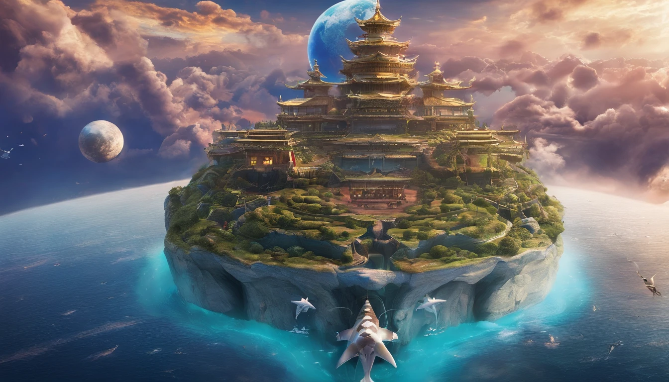 Very beautiful night planet 3D，Xingchen，the sea，Aerial whale floating in the clouds，Large depth of field perspective，chinese fantasy，Dreamism，Vivid effects and details，Excellent picture quality，A high resolution