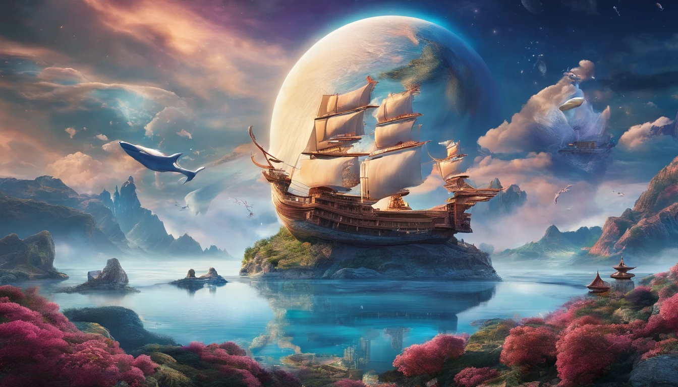 Very beautiful night planet 3D,Xingchen,the sea,Aerial whale floating in the clouds,Large depth of field perspective,chinese fantasy,Dreamism,Vivid effects and details,Excellent picture quality,A high resolution