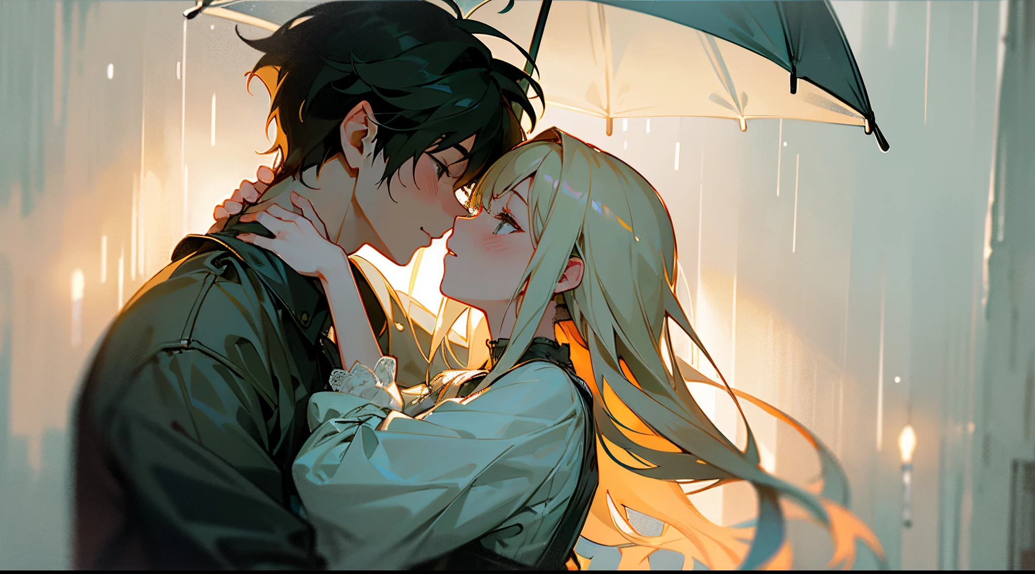 An upper-body portrait capturing a romantic and enchanting moment of a girl and a boy kissing in the rain. The raindrops cascade around them, adding a touch of magic and serenity to the scene. Their faces are partially obscured by the rain, creating a sense of intimacy and privacy. The girl's arms wrap gently around the boy's neck, drawing them closer together in a tender embrace. The overall composition exudes a sense of romance and beauty, as their connection transcends the world around them. The style is executed with soft brushstrokes and a warm color palette, emphasizing the emotional depth and the ethereal atmosphere of the moment.