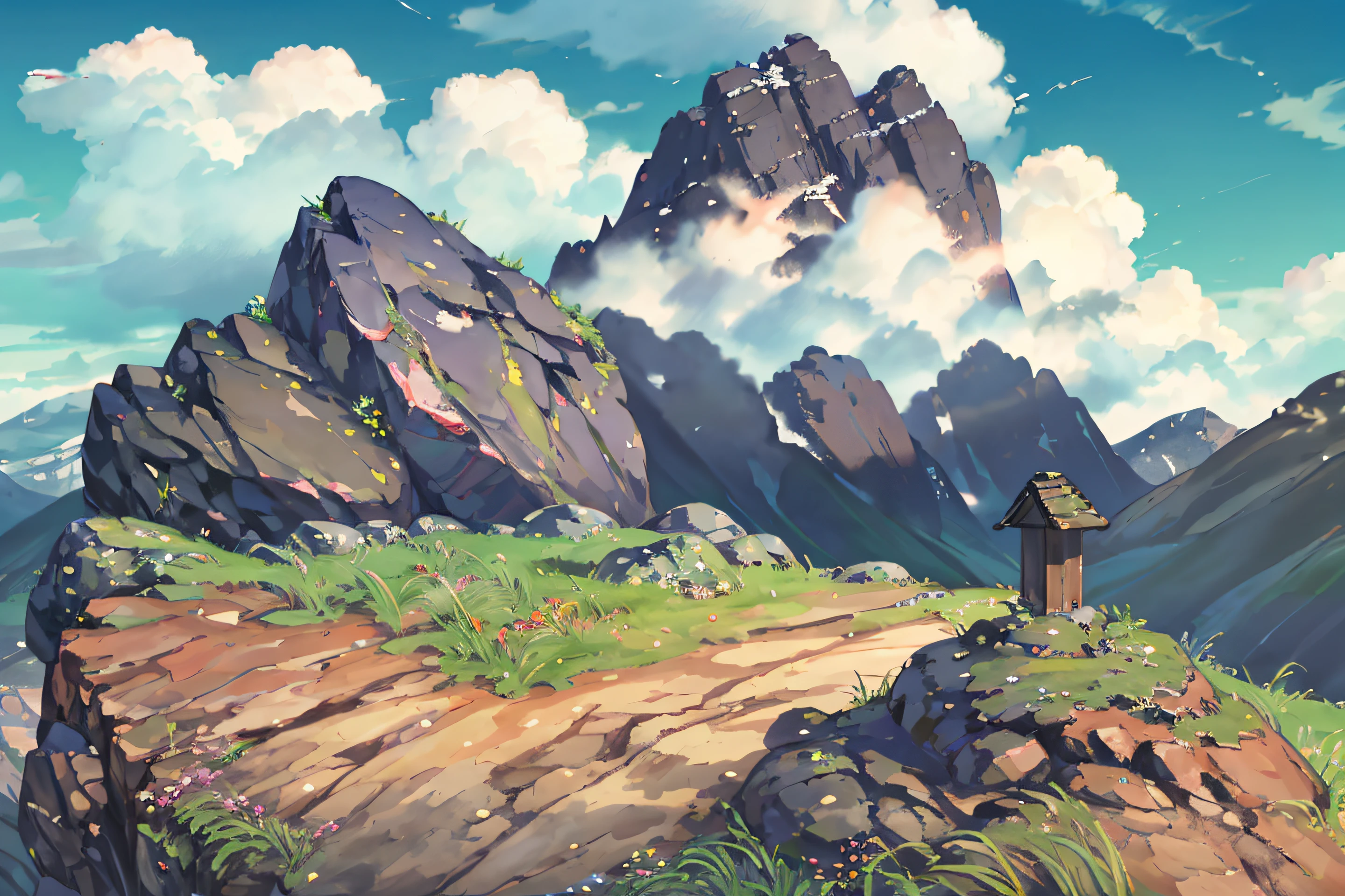 夏天, wood, a meadow, rock formations, (illustrations : 1.0), Epic composition, photorealistic lighting, HD detail, masterpiece, Best quality at best, (Highly detailed CG integrated 8k wallpaper), wide and flat land, Round and small rocks placed at the top of the screen,