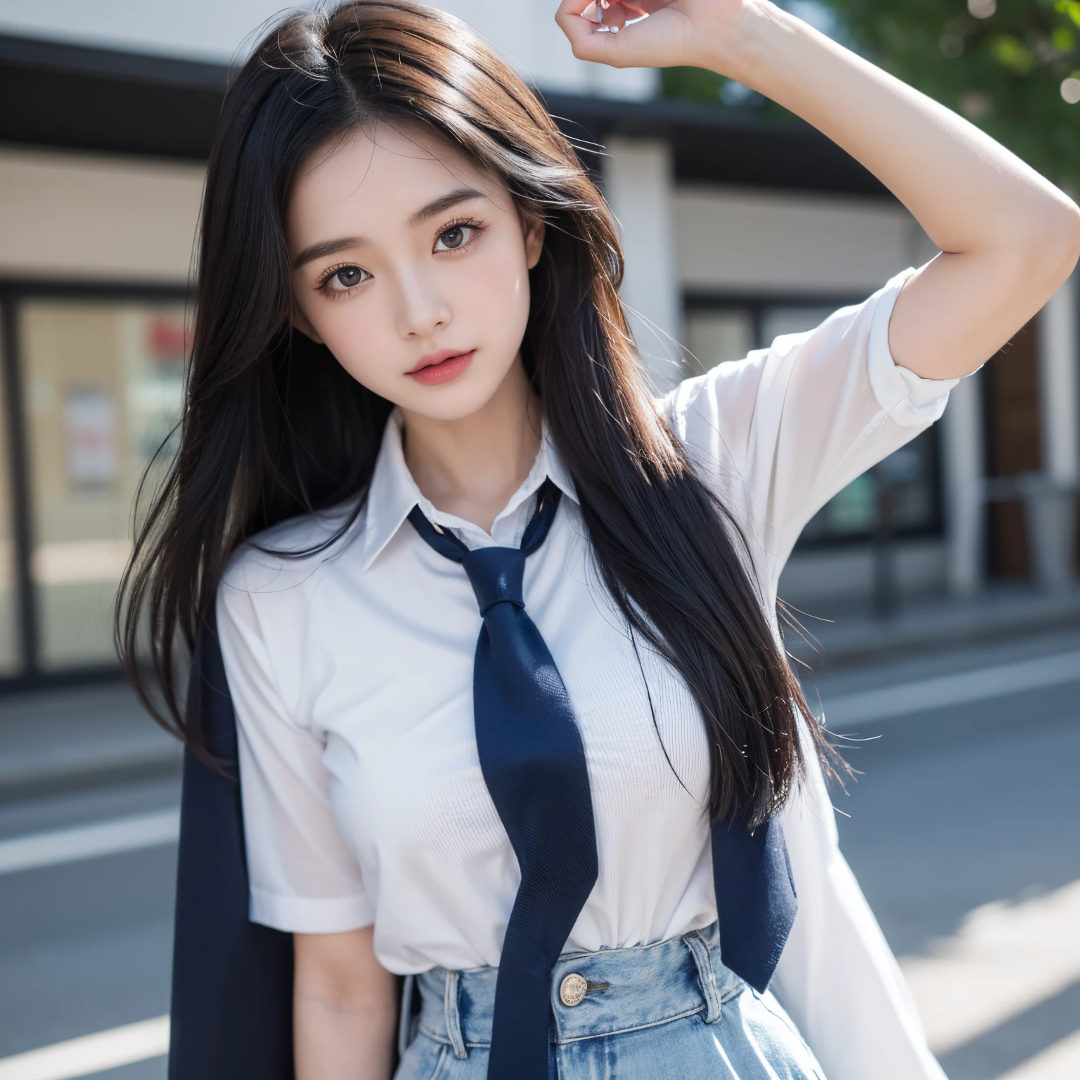 A girl,Has a very cute face,it's lovely,4K分辨率,perfect bodies,Cute_adolable,There is a dent in the clothing,ccurateblack hair,Wearing JK clothing,a blue tie,Clear eyes,rosy lips,perfect bodies_Impeccable,eventide