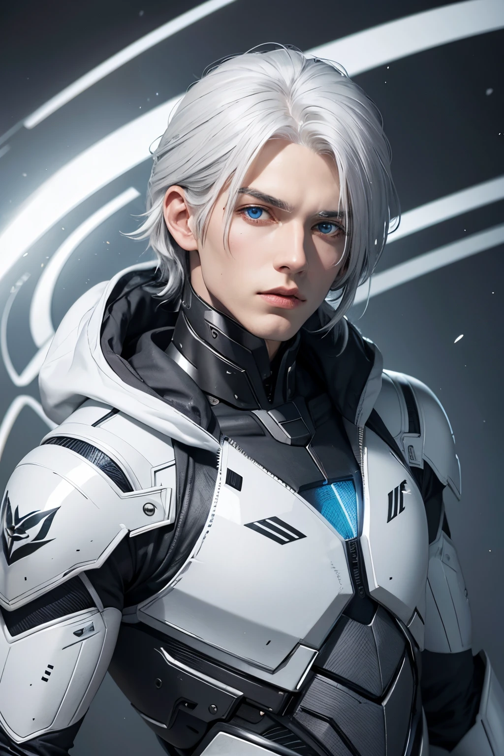 Male cyborg,white hair,blue eye,grey and silver costume