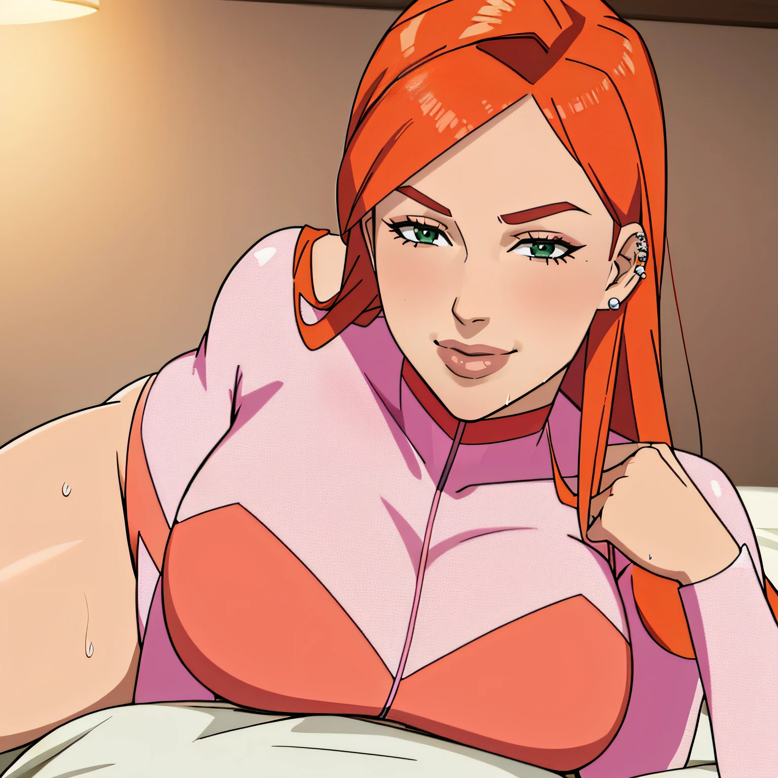 Invincible, masterpiece, best quality, 1girl,  solo, orange hair,green eyes,lookind at viewer,bracelet, lips, piercing, anime coloring, superhero suit, pink suit, blush, lips, park, seductive look, sexy body, wet body, smile, spread legs,