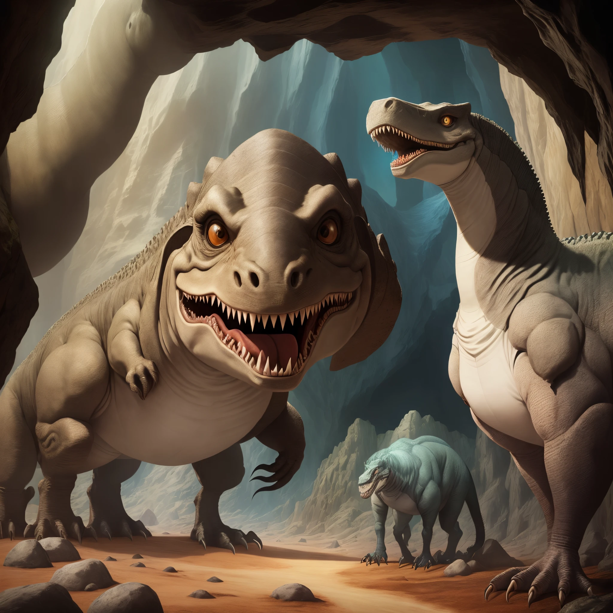 Um dinossauro tipo t rex com cabelo e barba branca sorrindo e falando em um radio amador sentado em uma pedra com o radio em cima de outra pedra, dentro de uma caverna