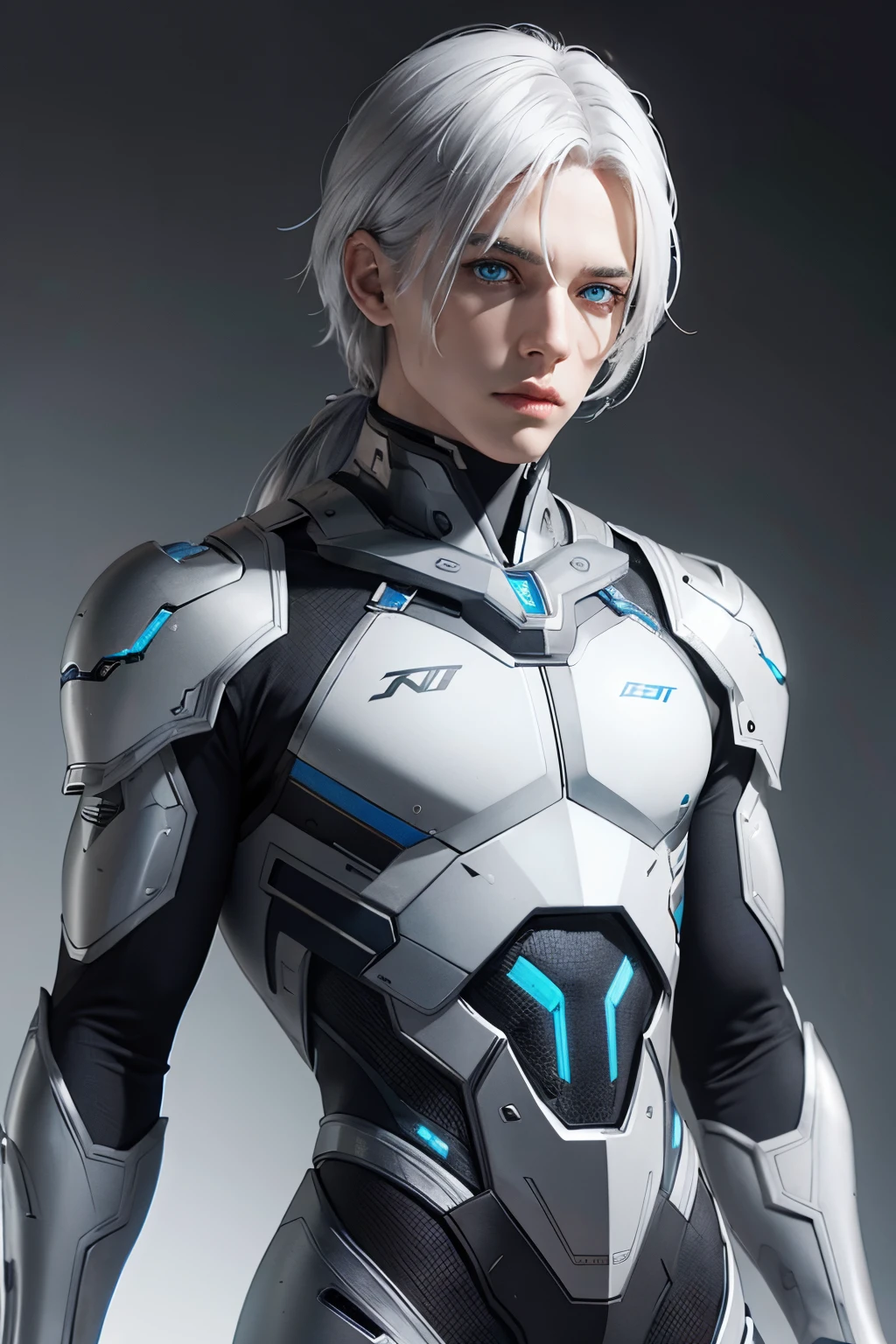 Male cyborg,white hair,blue eye,grey and silver costume