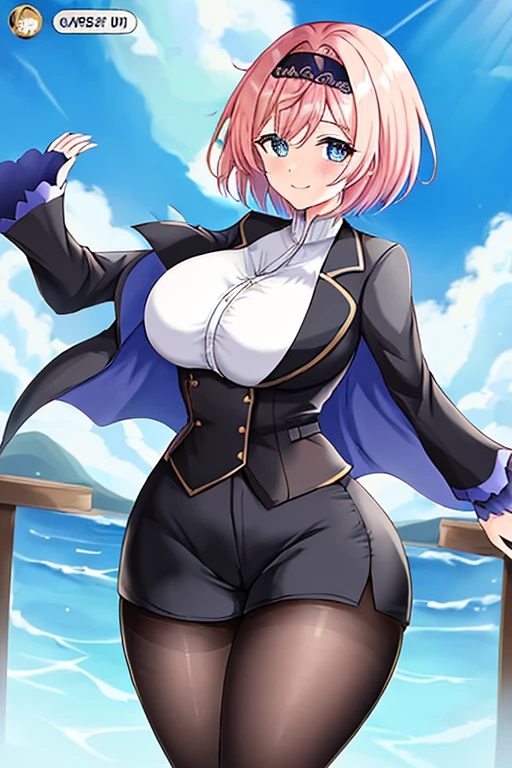 1girl, anime screencap, 2d, anime style, eyla \(genshin impact\), pink hair, breasts, large breasts, thick thicks, wide hips, smile, black headband, headband, hourglass figure, very short hair, short hair, cropped jacket, white jacket, bolero, black shirt, blue eyes, white shorts, pantyhose, black pantyhose, normal clothes, shorts, short