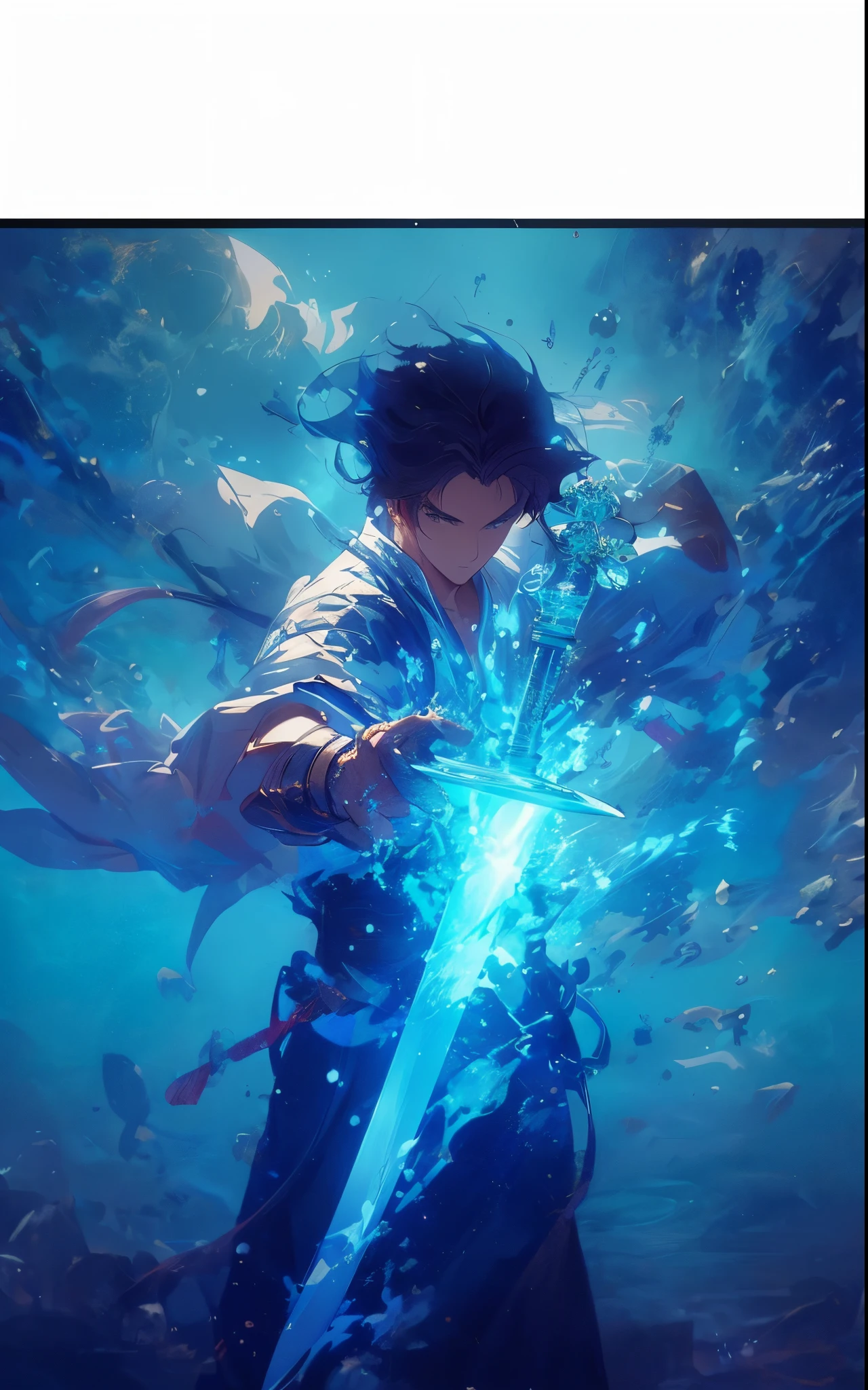 Photo of a man holding a sword, taken from the side of a computer screen, Sword and Wand - Water, Guweiz style artwork, Handsome guy in the art of slaying demons, makoto shinkai cyril rolando, 4k anime wallpapers, author:Hero, Anime art wallpaper 4k, Anime art wallpaper 4k, Anime wallpaper 4k