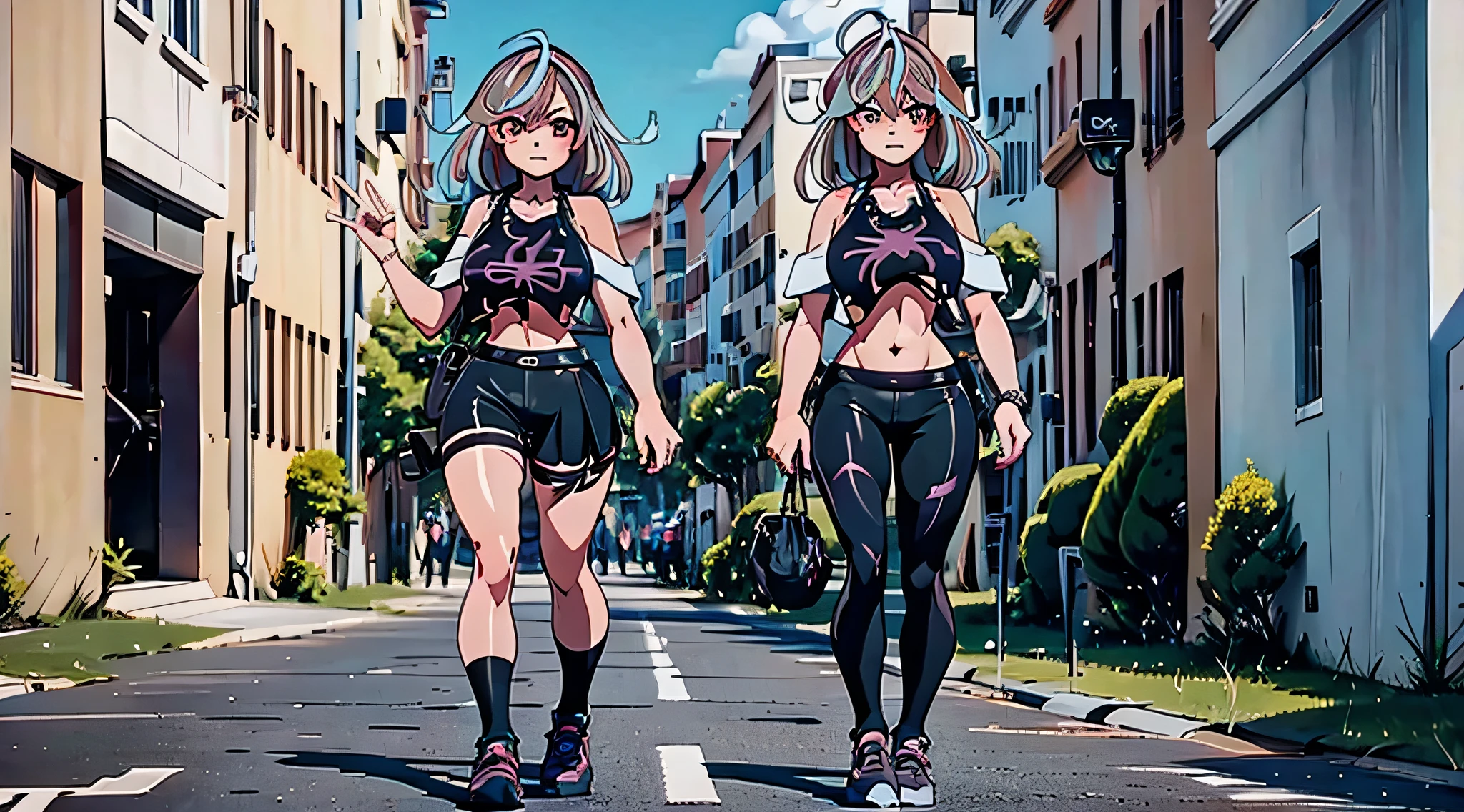 caminando por la calle, cuerpo completo, coloreado estilo anime 2d,