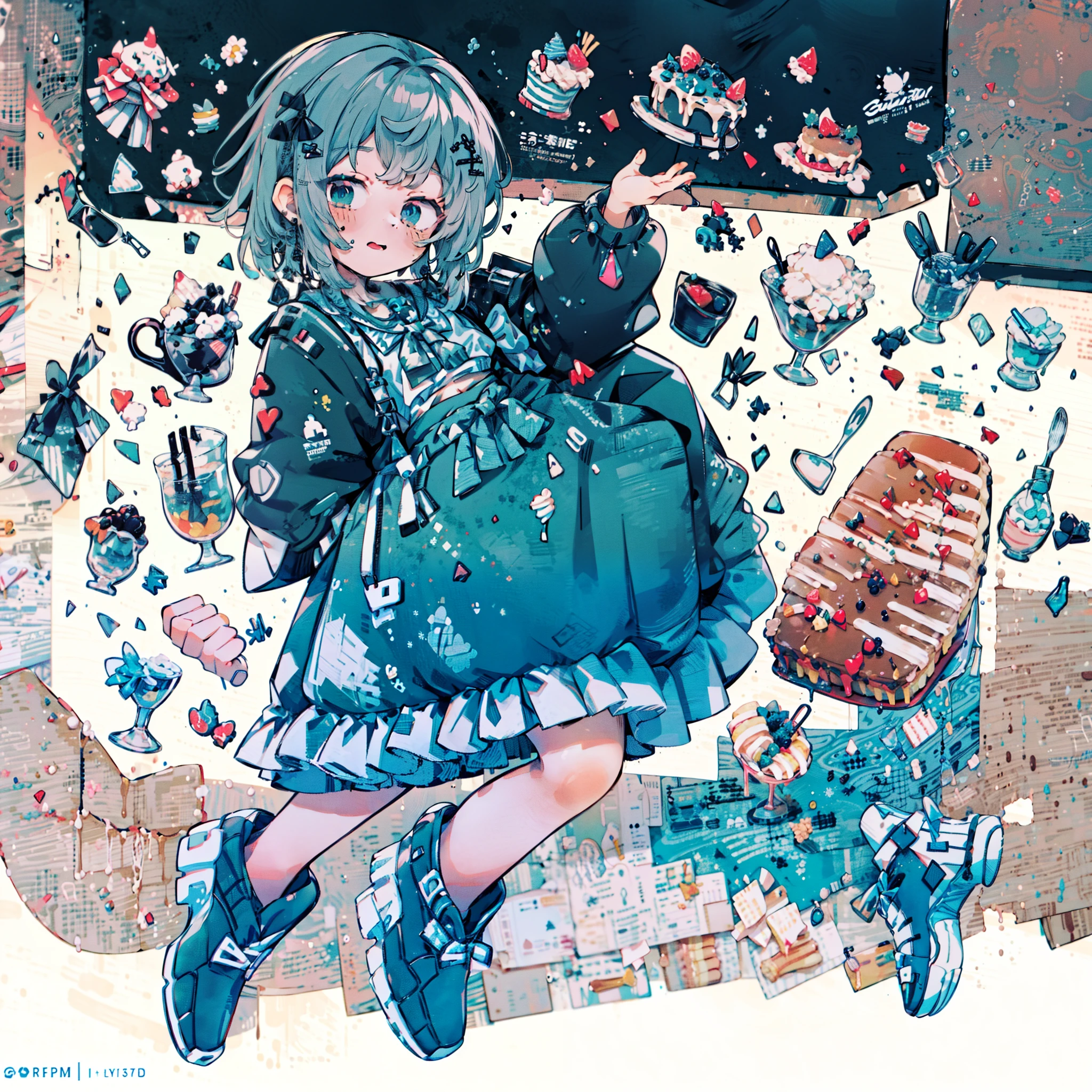 (masterpiece, top quality, best quality,official art, beautiful and aesthetic:1.2),(1girl:1.3), long gray hair, eating a lots of cakes, lunachan, uekura eku, uekuraeku