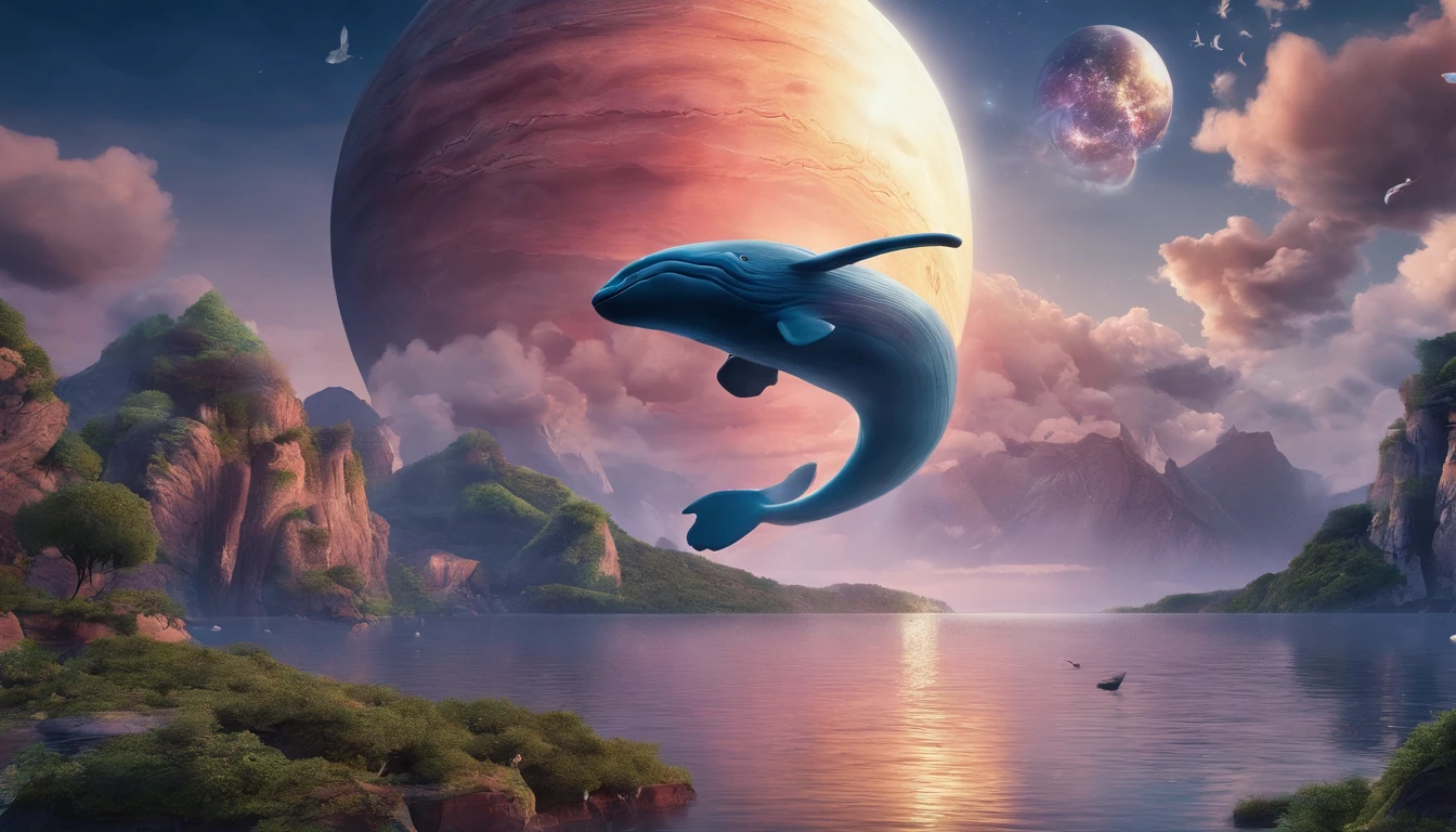 Very beautiful night planet 3D，Aerial whale floating in the clouds，Empty and boundless，Xingchen，the sea，Large depth of field perspective，chinese fantasy，Dreamism，Vivid effects and details，Excellent picture quality，A high resolution