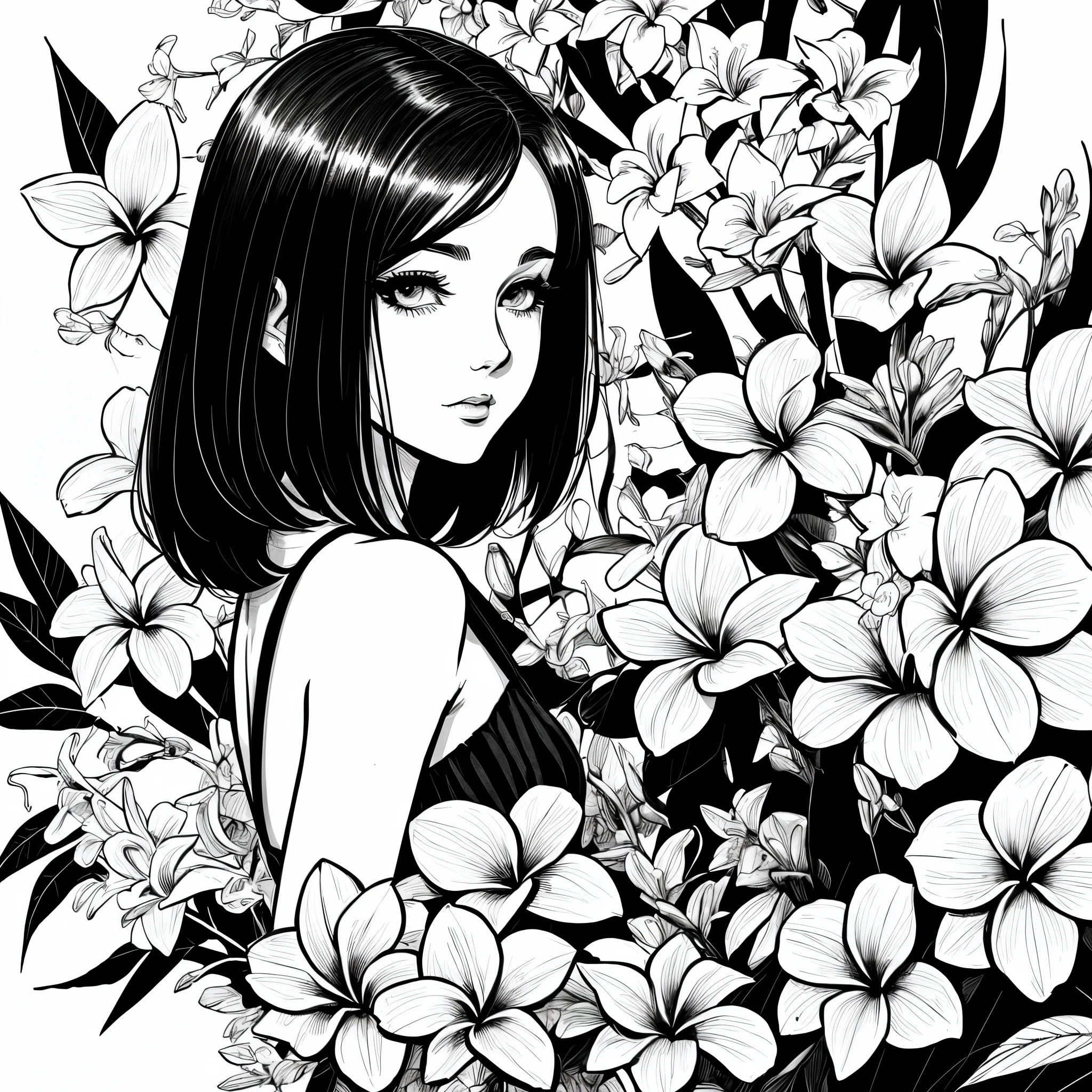 Black and white stick figure, 1 girl with frangipani flower in background,((solo)),((shoulder length straight bob hair)), loli in dress with flowers, its fine ink line art, comic style, portrait of ploynesian girl, Marilyn Munroe, Hollywood glam, beautiful line art, black and white comic style, manga style, manga art style, pencil and ink caricature drawing, black and white coloring