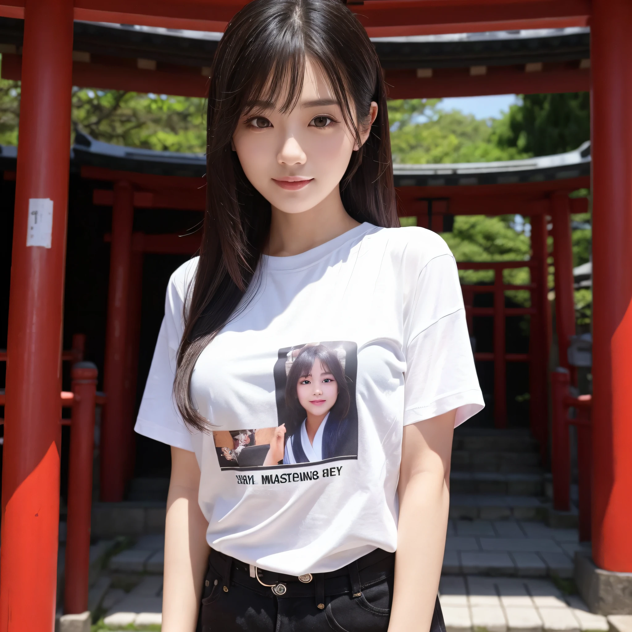 One beauty、((best qualtiy、8k masterpieces:1.3))、foco nítido:1.2、(ultra beautiful faces:1.0)、(shinny skin:1.0)、photos realistic、A dark-haired、Video Lighting、High-definition eyes and face、Video Lighting、Japanese actressl、from the front side、medium breasts、Smile、Slender Abs Beauty、Whole body、Kanji for Japan「tenderness」Wearing a T-shirt、At the shrine