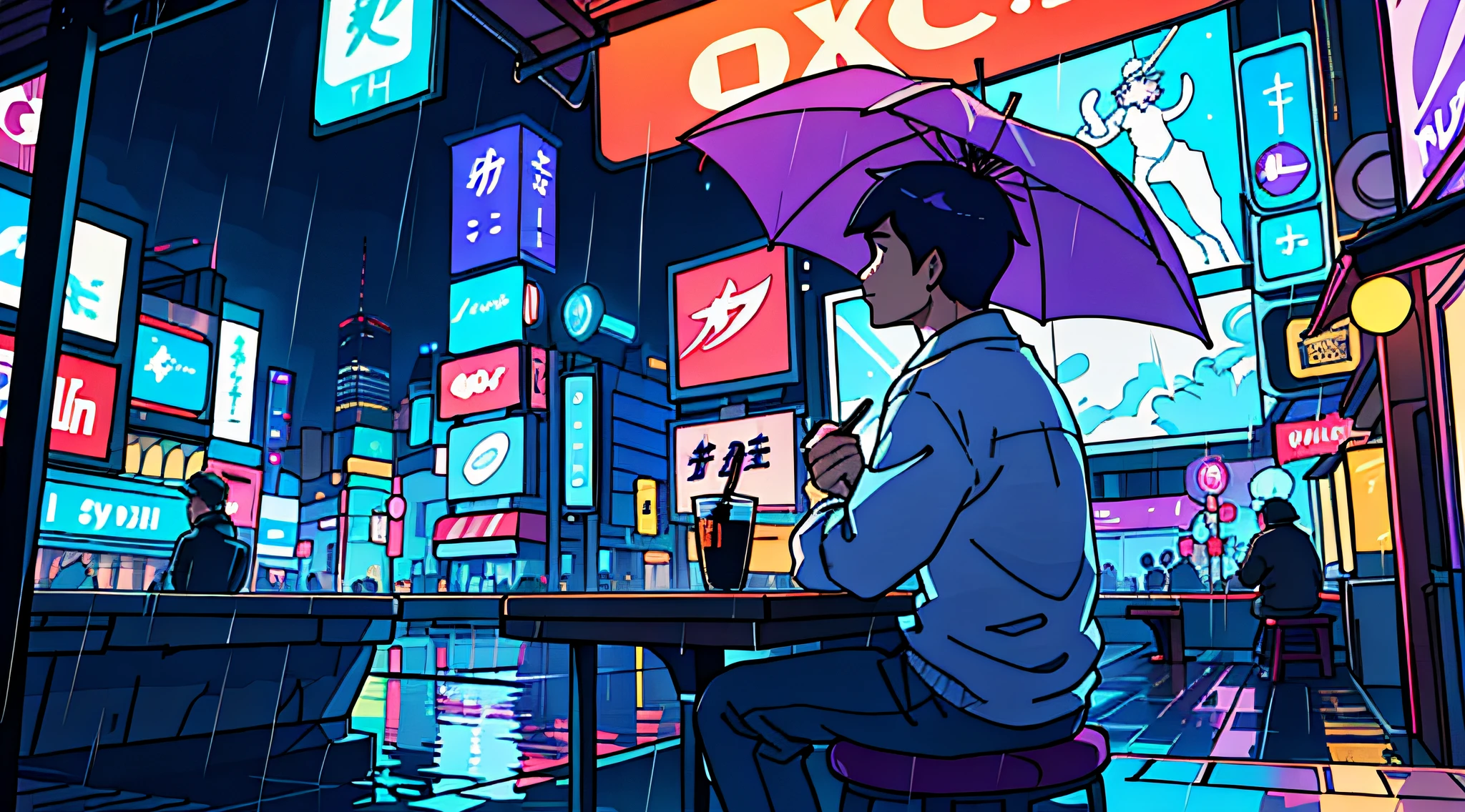 Landscape Photography(Seen from below、Sky above、Downhill)、Bright downtown、Sparkling neon lights、TOKYOcity、Fantastic、A alone man sitting in a bar, while in the background shows a busy rainy night city、A light、Lots of Purples and Oranges、intricate detailes、Volume Lighting BREAK (masterpiece: 1.2)、(top-quality)、4K、ultra-detailliert、(The composition of the movement: 1.4)、Rich in details and colors、Sateen、rain is falling、rain cloud、Holding an umbrella in the rain