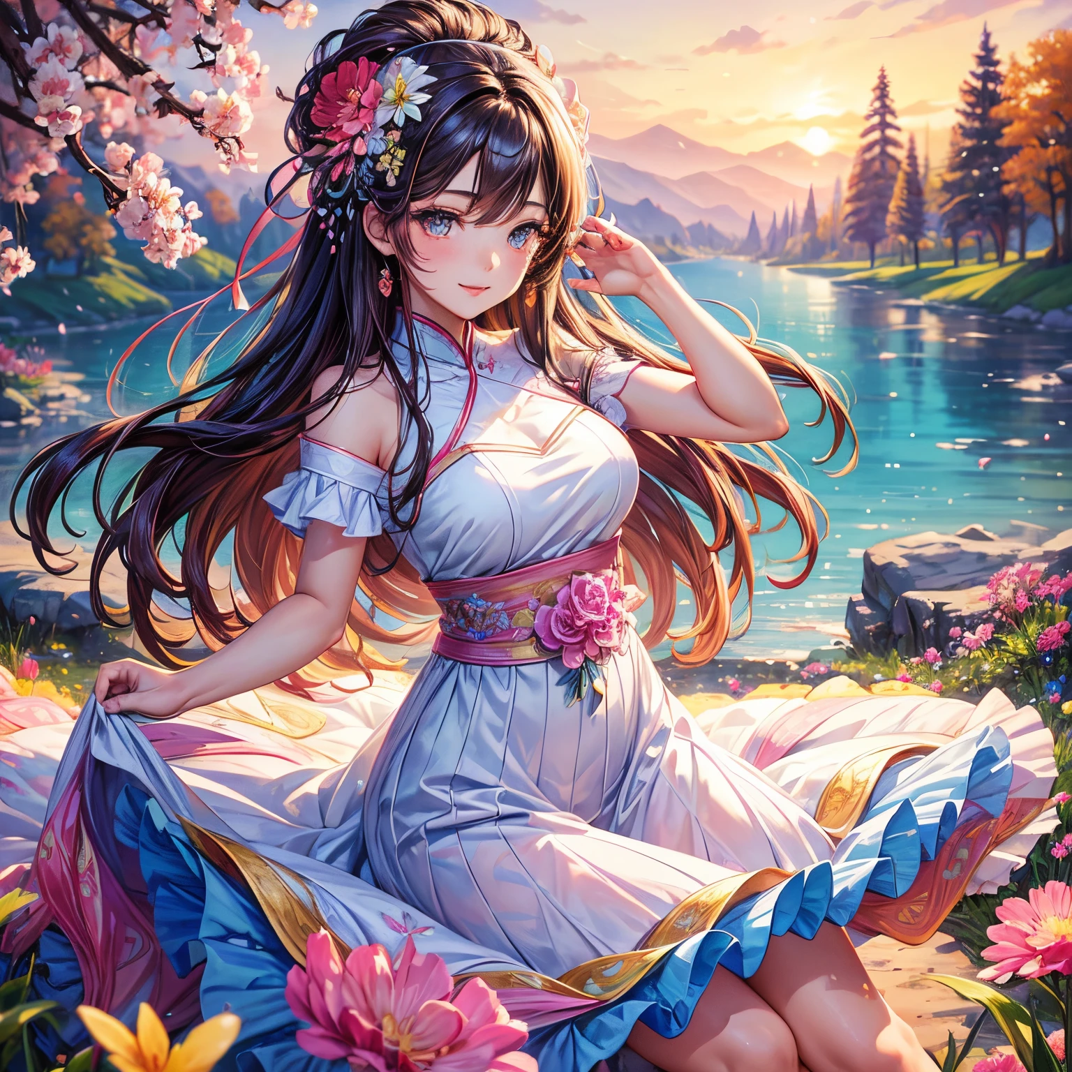 tmasterpiece, (Best quality), ((It's better to be more detailed)), depth of fields, A beautyful girl, Nice face, natural, Spiritual, blooming flower, Colorful landscape, blossom flower, butterflys, glowing dress, element in