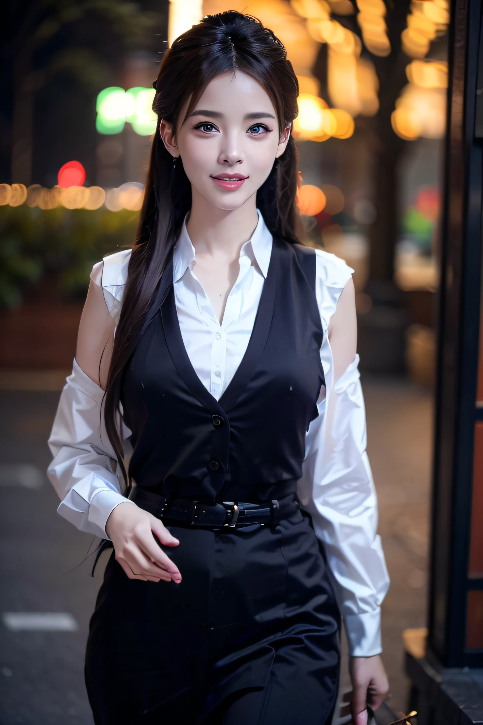 (photorealistic:1.4),(detailed eyes:1.3),(realistic, photo-realistic:1.37),(Medium view:1.5),(Half body),1girl,best quality,ultra-high res,Tokyo street,Vest,long Colour hair,waist,Smile,Slim,Night,
