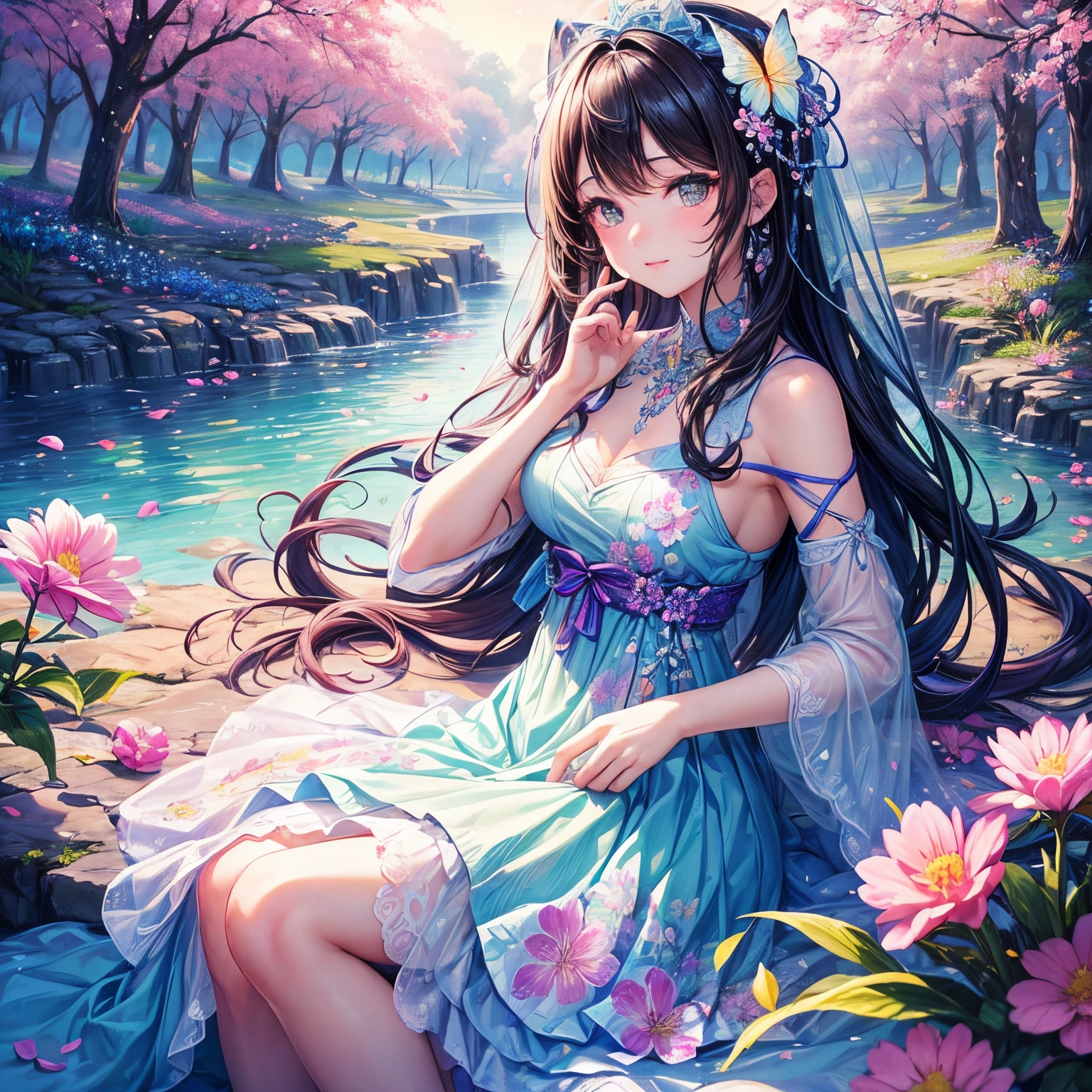 1 beautiful girl 20 years old, anime girl, walking in a field of flowers, blue sky with white clouds, artistic fairy costume green mini dress, low-cut and sleeveless dress, crystal high heels, defined hands and legs, full body, looks like a sexy model, a pair of translucent wings, butterflies around, big round breasts, glossy lips, cleavage, high heels, brown hair, hair over shoulder, wavy hair, asymmetrical bangs, hair one side up, expressive hair, hair behind ear, hairband, leaf hair ornament, aqua eyes, pupils sparkling, crystal earrings, pointy ears, smile, blush, fingersmile, seductive smile, naughty face, Color Field painting, high detail, anime, dithering, image fill, first-person view, wide shot, from above, perspective, Wide-Angle, f/1.8, 85mm, Canon, 8k, super detail, UHD, anatomically correct, masterpiece, high quality