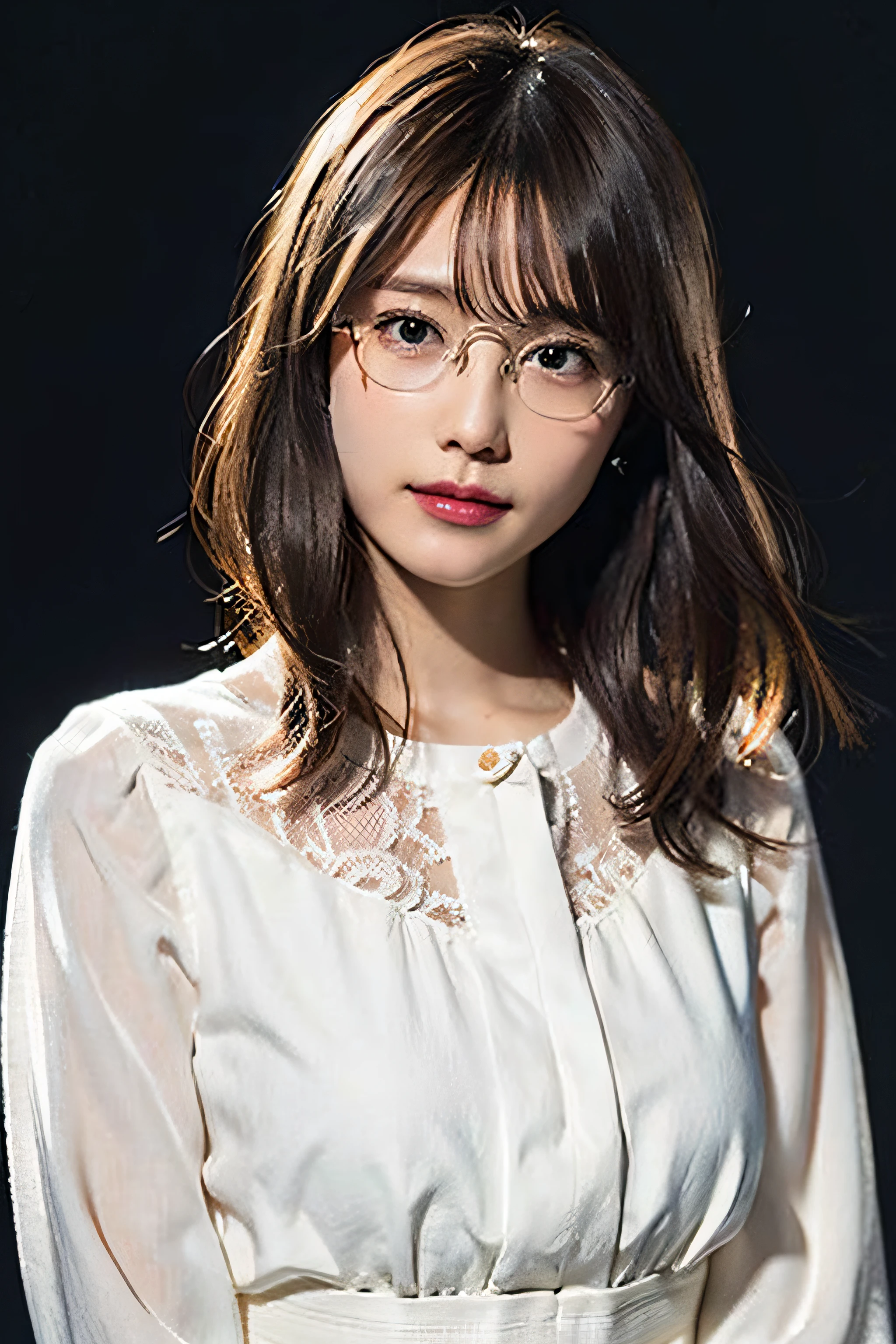 (8K、Raw photography、top-quality、masterpiece:1.2)、(realisitic、Photorealsitic:1.37)、ultra-detailliert、超A high resolution、1人、see the beholder、beautifull detailed face、A smile、Constriction、(Slim waist) :1.3)、((White blouse clothes))、Beautiful detailed skin、Skin Texture、Floating hair、((Hair bunched into one))、large full breasts、Professional Lighting、In front of the station at noon、((Black square glasses))、Whole human body、Brown hair、Telephone calls、