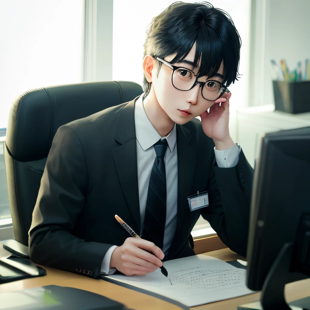 Black box,Melon seed face,Robust,Black suit, White shirt, black necktie,Peng Yuyan,pianos,The upper part of the body,Short hairstyle,ren,glomy,Curved eyebrows,sideface,Business suit,Single Eyelids,Black glasses,cool guy --auto