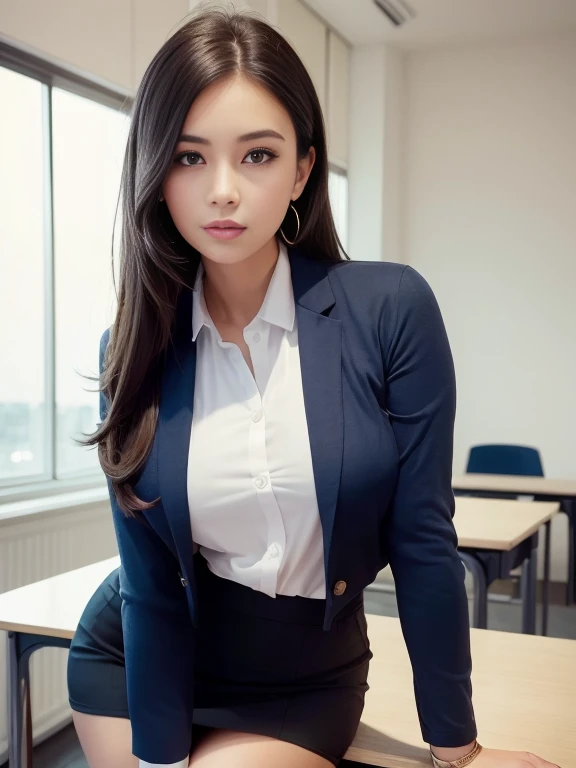 ((top quality)), ((masterpiece)), ((realistic)), stunning illustration of a girl in a school uniform posing confidently in a modern classroom. The artwork must be highly detailed and produced in high resolution (8k) to achieve the best quality. It should be realistic and realistic in style with soft, natural lighting. Color grading should be done professionally to enhance the subject's captivating presence. The work should show the charm and beauty of a woman and exude confidence. It should be at eye level, it should be scenic, it should be a masterpiece.25 year old woman,
