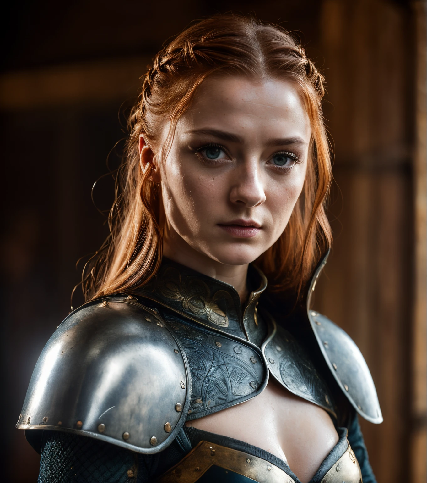 Sansa Stark, Gladiator dress, Full body shot,Mediaeval epic Battlefield background,erotic warrior costumes,standing alone,after battle, fierce looks,one hand up with sword, detailed hairy armpits, victory pose, blood in sword,Standing bravely after battle,battle movie scene,cinematic colour grading,blood stains in dress,fought the battle dominantly,Sansa Stark PLAYED BY Sophie Turner,Queen SANSA STARK,mature,milf, sexy mediaeval battle dress,gladiator woman,body,45 yo Woman,revealing costumes,perky breast,alluring figure,big natural breast,mediaeval costumes,mediaeval queen dress,erotic costumes,lusty physique,((detailed face)), ((detailed facial features)),(finely detailed skin), pale skin,(in a highly detailed sexy mediaeval dress,soft natural light,wet skin,(cool colors), damp, reflections, (masterpiece) (perfect aspect ratio), (realistic photo), (best quality), (detailed) photographed on a Canon EOS R5, 50mm lens, F/2.8, HDR, (8k) (wallpaper) (cinematic lighting) (dramatic lighting) (sharp focus) (intricate), RAW photo, RAW photo, gigachad photo,8k uhd, dslr, high quality, film grain, Fujifilm XT3, extremely detailed,photorealistic, realistic,incredibly absurd, highly detailed, sharp focus,(Professional Studio Lighting),(Professional Color Grading), Edge Lighting,Dramatic lighting,Cinematic lighting,Lumen reflections, Soft natural lighting, Soft color, Photon mapping, Radiosity, (Beautiful eyes), (Detailed eyes),  (Detailed face), symmetrical eyes, sharp eyes, cold face, full body), (HIGH LEVEL OF DETAIL),(wet, oil-lubricated),(sweaty),large breasts, high detailed skin, uncharacterized texture, hyper detailed, realistic skin texture, armor, best quality, ultra high res, (photorealistic: 1.4) high resolution, detailed, raw photo, sharp re, by lee jeffries nikon d850 film stock photography 4 kodak portra 400 camera  F1.6 Lens rich colors hyper realistic texture dramatic lighting UnrealEngine trend in Artstation Cinestill 800, veins in the body, (body and fitness).