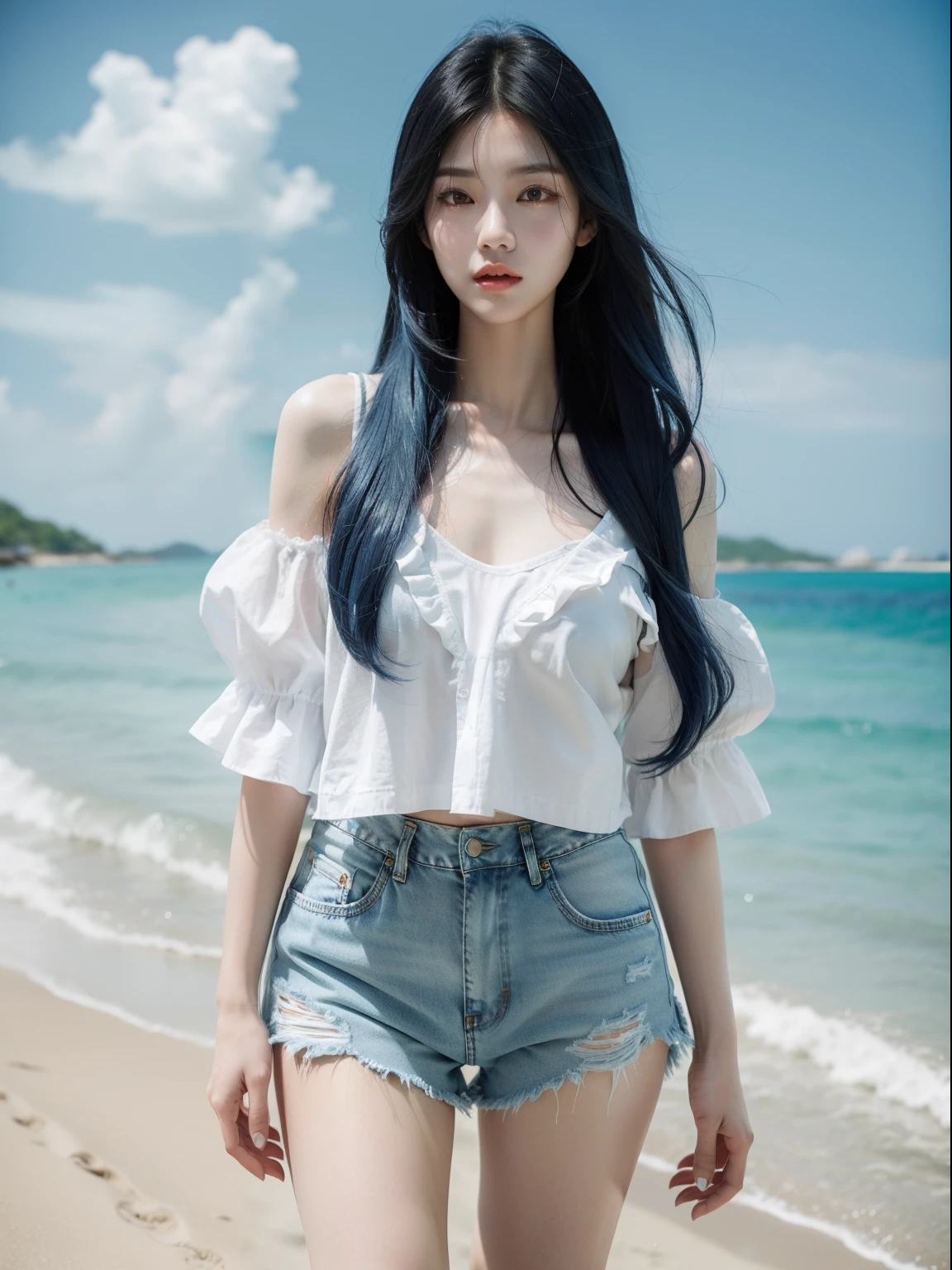 Korean woman with long blue hair，Wearing a white shirt and denim shorts，Stroll on the beach，Breeze ruffles hair，Refined face，Devil's figure