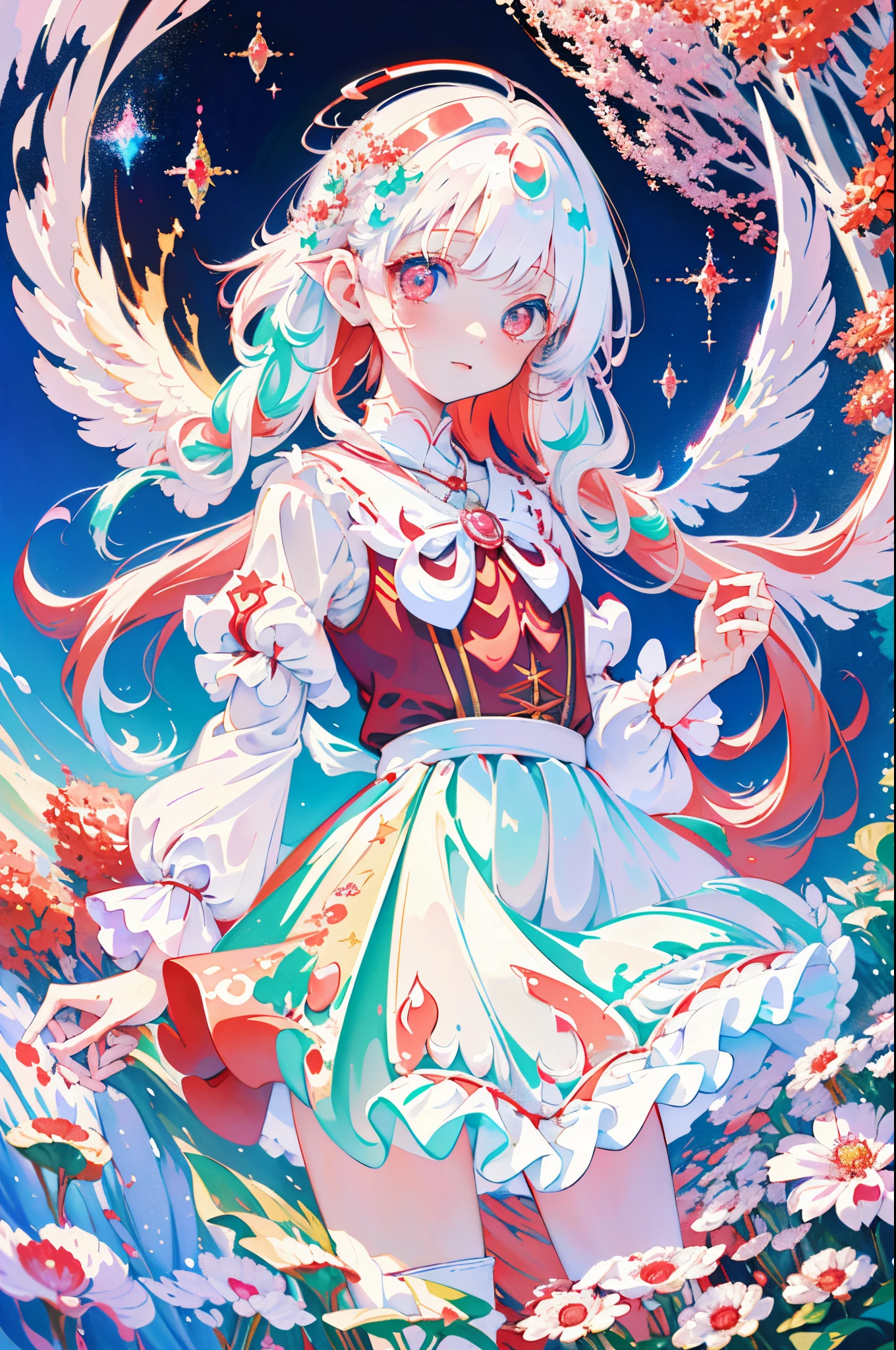 beautiful illustration, best quality, cute petit girl, (transform sequence), transform magical girl, chibi, white magical girl, fractal art, albino, babyface, long pure white and red mesh hair, beautiful detailed red eyes, cinematic lighting, cowboy shot, looking at viewer, from bottom, happy