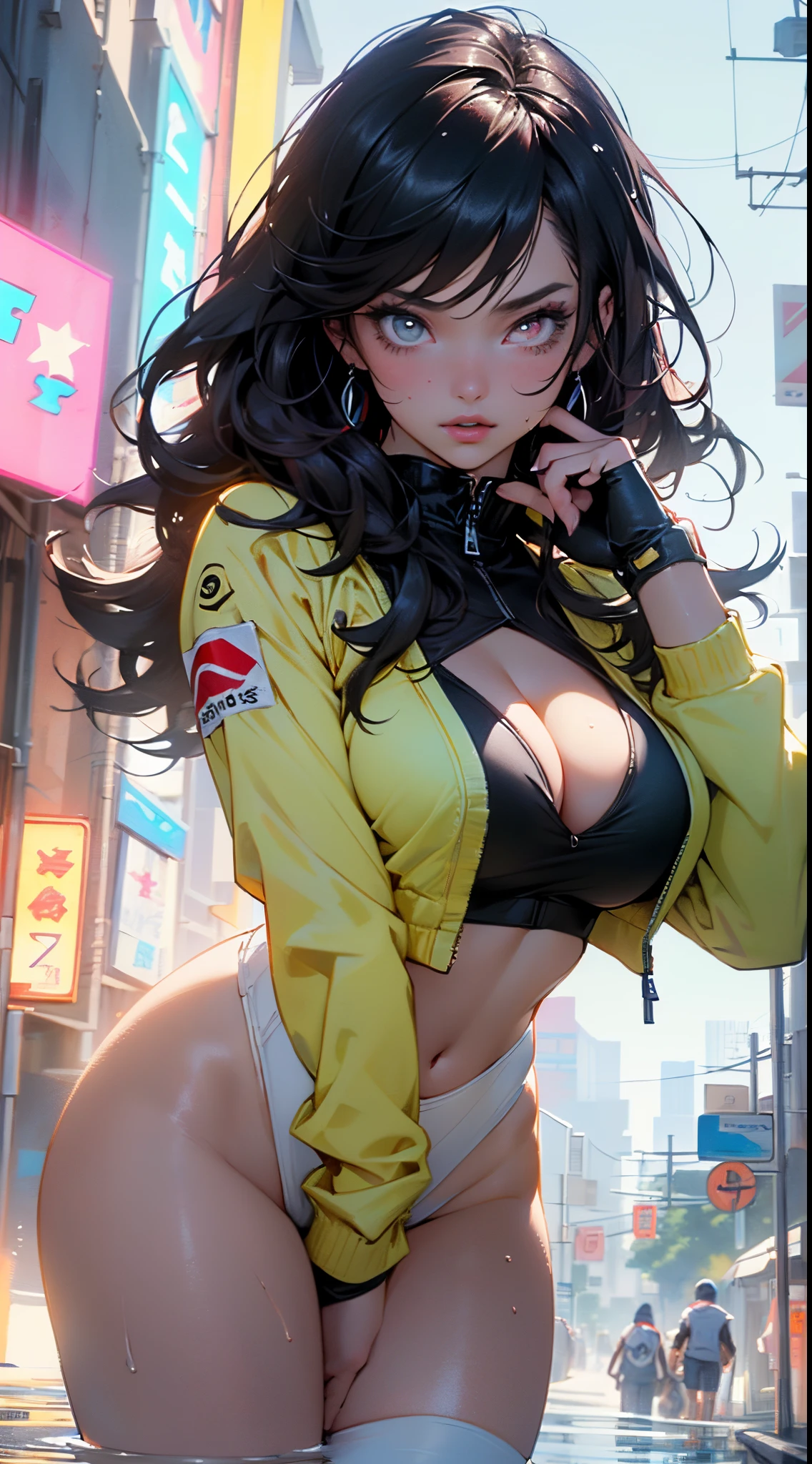 cute pit girl,(((1girl))),((pit girl with extremely cute and beautiful red hair)),
(huge breasts:1.4),saggy breasts,(((red voluminous hair:1.35,absurdly long unkempt hair,colored inner hair,ear breathing,large hair))),((heterochromia:1.5, (red_eye and pink_eye))),intricate eyes,beautiful detailed eyes,symmetrical eyes,((fat)),(((lustrous skin:1.5,bright skin: 1.5,skin tanned,shiny skin,very shiny skin,shiny body,plastic glitter skin,exaggerated shiny skin,illuminated skin,wet legs))),(spider lower abdomen,narrow waist,wide hip,athletic body,inflated legs,detailed body,(detailed face)),
cute,slutty,seductive,erotic,(nsfw),
zettai ryouiki,(((race queen style costume, attractive companion costumes,pit girl costume))),(magenta suit unbuttoned,magenta costume),(((huge cleavage))),cleavage cutout,((wet clothes,intricate outfit,intricate clothes)),
(dynamic pose:1.0),solo focus,embarrassed,(centered,scale to fit dimensions,Rule of thirds),
cyberpunk city by the ocean at night, with bright neon signs and dark stormy clouds and puddles, scenery:1.25,nighttime, starry night, cosmos,Very dark night that makes the neon lights stand out, very bright neon lights,nighttime, starry night, cosmos,
artistic photography,(photography taken by sldr),highres, sharp focus,(ultra detailed, extremely detailed), (photorealistic artwork:1.37),(extremely detailed CG unity 8k wallpaper),((synthwave background theme)),(((vibrant colors))),intricate,(intricate background),(masterpiece),(best quality),perfect rendered face,perfect face details,realistic face,photo realistic,analog style,((intricate detail)),(((realism))),
