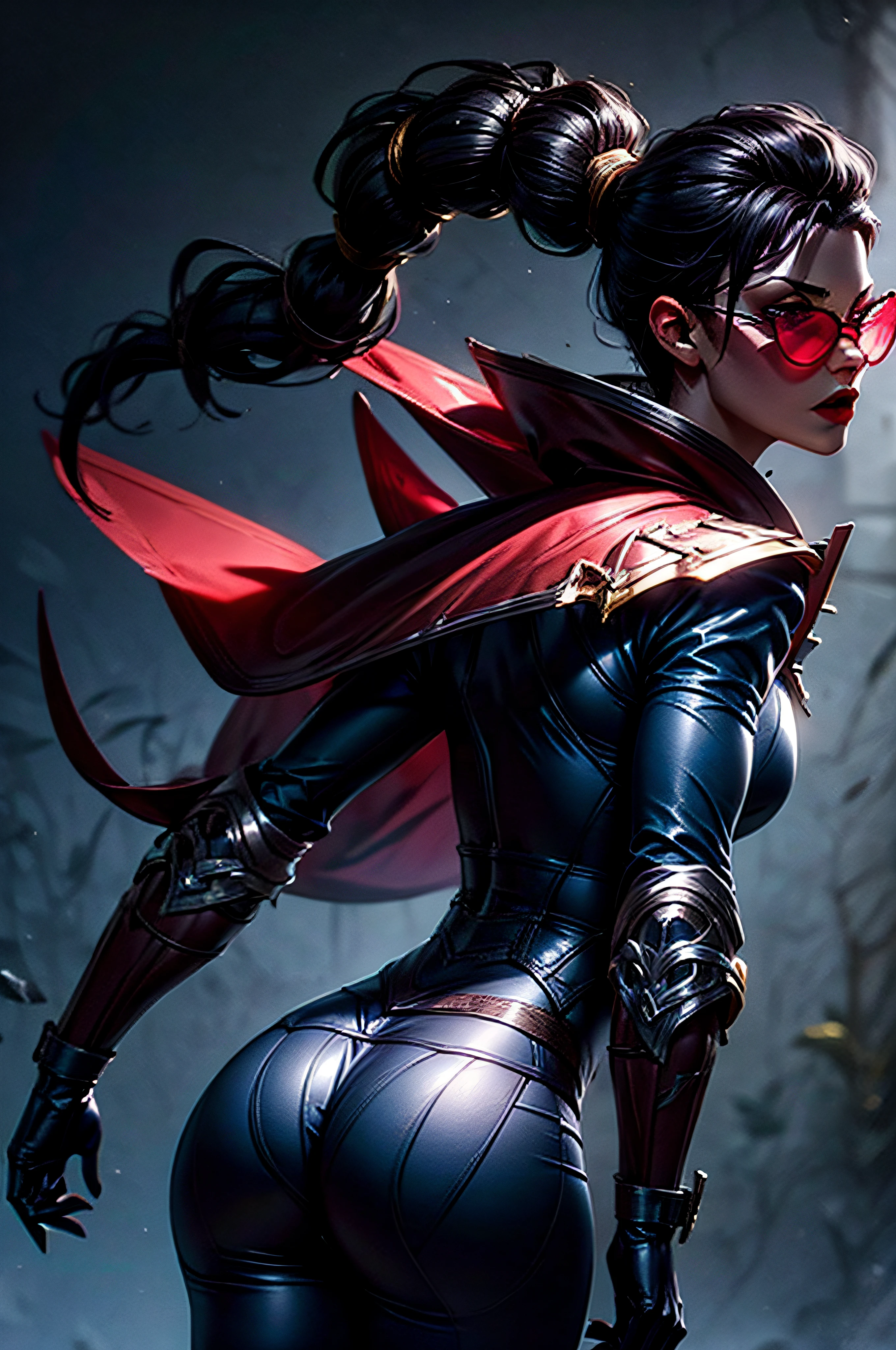 (masterpiece), best quality, expressive eyes, perfect face, vayne, 1girl, solo, long hair, black hair, gloves, ponytail, cape, sunglasses, ruin background, ass, no posing, standing, upper body, portrait, looking away, from back