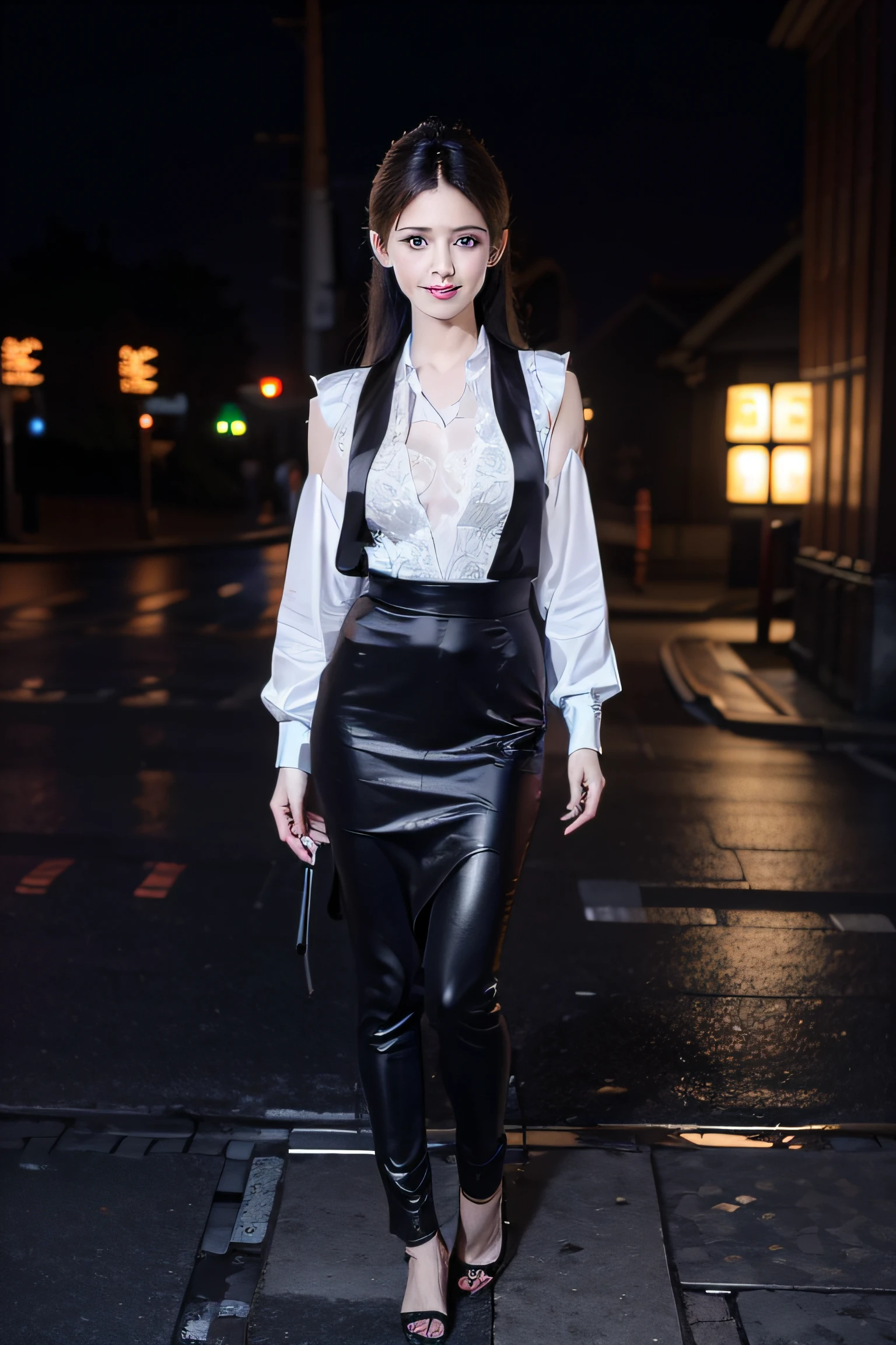 ((1 female: 1.5)), (anatomically correct proportions), ((whole body: 2)), detailed face, detailed hair, detailed skin, ((small face: 1.2)), thin Waist, ((1 screen)), 8K, RAW shot, highest quality, ((masterpiece)), realistic photo, shot above the knee, (beautiful face like a Japanese actress), 18 years old, big Boobs, on a rainy city street, in a city with beautiful neon signs, a beautiful woman standing in the rain, ((the sheer blouse is wet from the rain: 1.5)), ((the tight skirt is also wet) : 1.5)), ((wet shiny skin: 1.5)), ((wet hair: 1.5)), ((wet bangs: 1.5)), (embarrassed expression)