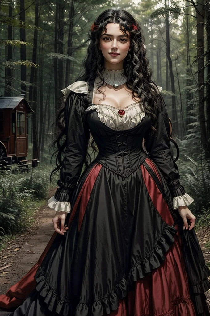 a woman with ((long curly black hair)), ((green eyes)), 18 years old, smiling, sexy body, wearing red dress with colorful layers and full skirt,((Victorian era style)), ((Half Body Shot)), in the background gypsy carriage in a forest, Daeni Pin Style, [Daniel F. Gerhartz Style::0.5], UHD Image, Hire, 8k, Photo-Realistic, Epic Lighting, Sharp, Realistic, Romantic, Focus,