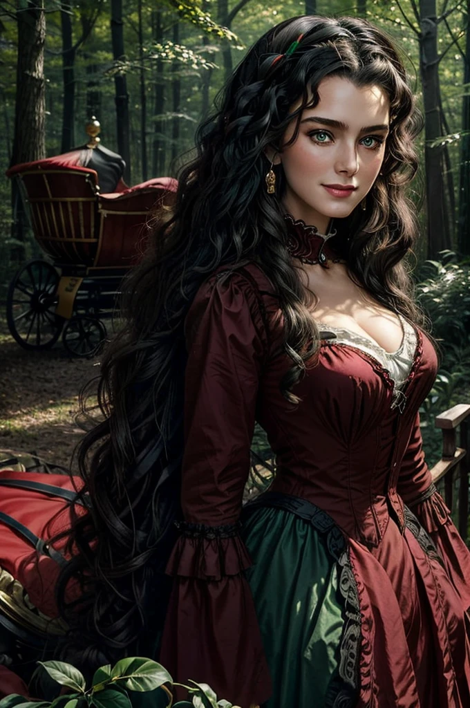 a woman with ((long curly black hair)), ((green eyes)), 18 years old, smiling, sexy body, wearing red dress with colorful layers and full skirt,((Victorian era style)), ((Half Body Shot)), in the background gypsy carriage in a forest, Daeni Pin Style, [Daniel F. Gerhartz Style::0.5], UHD Image, Hire, 8k, Photo-Realistic, Epic Lighting, Sharp, Realistic, Romantic, Focus,