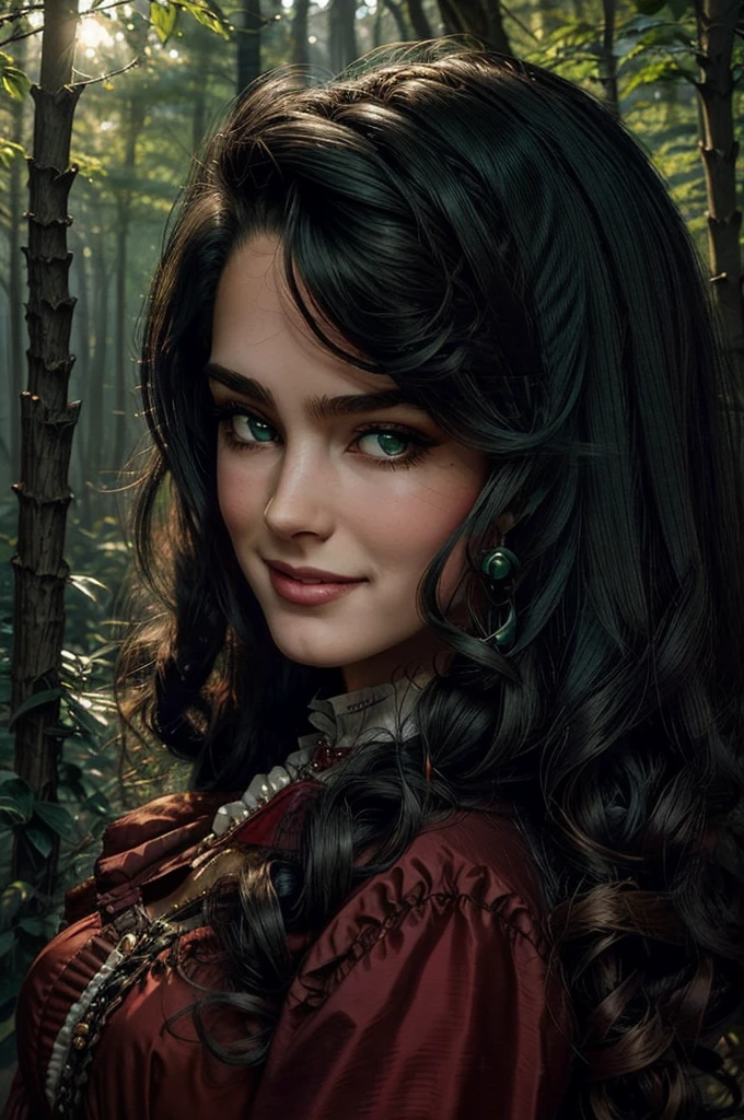 a woman with ((long curly black hair)), ((green eyes)), 18 years old, smiling, sexy body, wearing red dress with colorful layers and full skirt,((Victorian era style)), ((Half Body Shot)), in the background gypsy carriage in a forest, Daeni Pin Style, [Daniel F. Gerhartz Style::0.5], UHD Image, Hire, 8k, Photo-Realistic, Epic Lighting, Sharp, Realistic, Romantic, Focus,