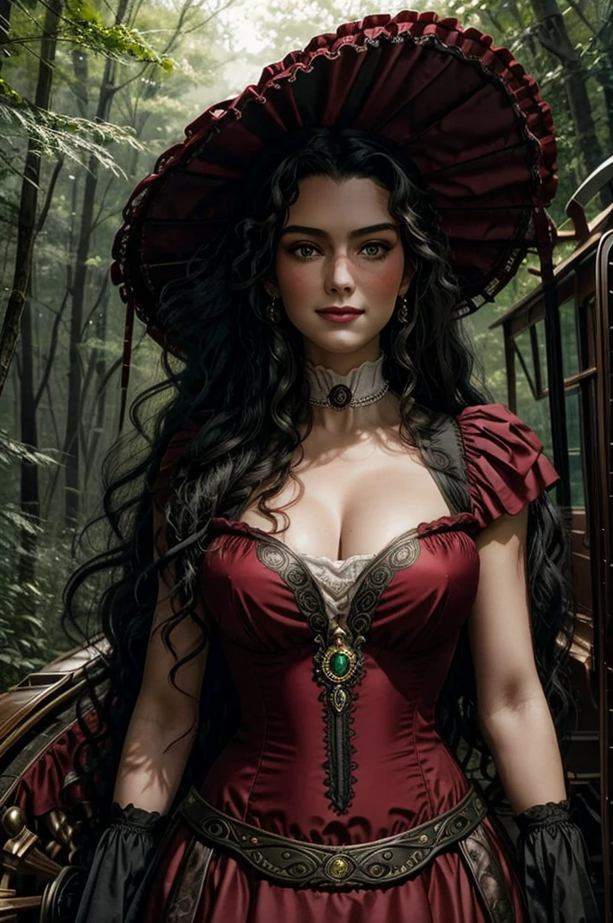 a woman with ((long curly black hair)), ((green eyes)), 18 years old, smiling, sexy body, wearing red dress with colorful layers and full skirt,((Victorian era style)), ((Half Body Shot)), in the background gypsy carriage in a forest, Daeni Pin Style, [Daniel F. Gerhartz Style::0.5], UHD Image, Hire, 8k, Photo-Realistic, Epic Lighting, Sharp, Realistic, Romantic, Focus,