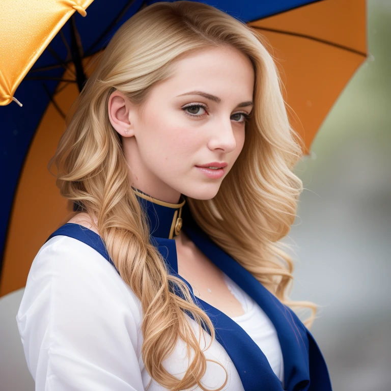 (best quality, extremely detailed, Raw photography,,4k,8k,high res,masterpiece:1.2),ultra-detailed, photorealistic, full body shot,soaked,golden blonde, long wavy hair,Mature and beautiful, realistic portrayal:1.2 Sailor Moon posing as if she’s in a professional photoshoot, standing in the rain, & she’s crying.