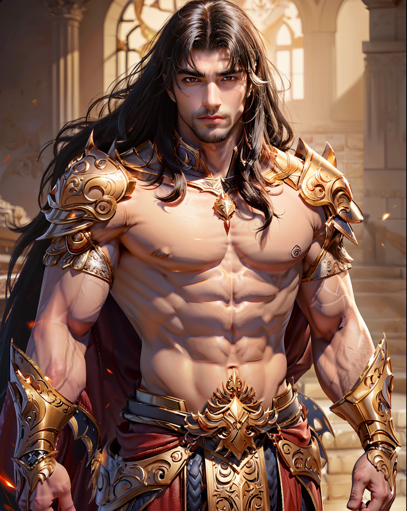 A close-up of a man in armor, male warrior, muscular male hero, attractive burly man in armor, handsome prince of Persia, Sylas, by Yang J, image of an adult male warrior, handsome boy in demon slaying art, strong and imposing, heroic male pose, muscular character, attractive man in armor, alpha European features