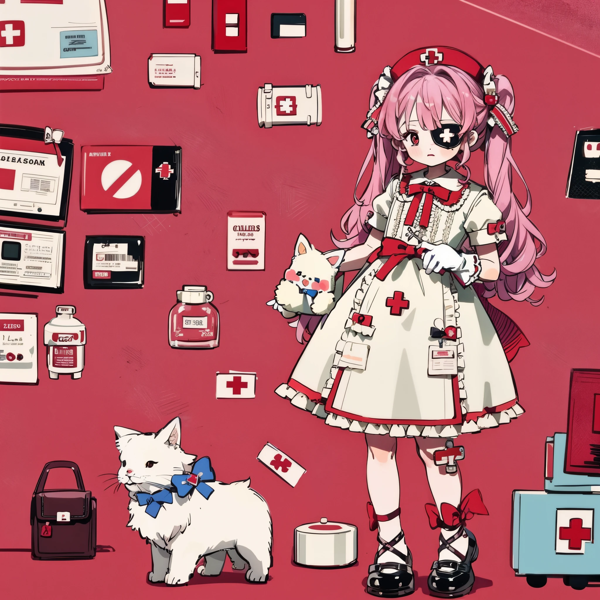 Character design,Q version,tchibi,Cute,The ratio of the head to the body,clothing design,ta prostitute,Gorgeous dress,mitts,curlies,very intricate,Exquisite,shift dresses,Bow knot,frilld,ribbon,bandagens,Nurse style,Huge syringe,pill,Red Cross,Y2K,E-girls,Unilateral eye patch,Love decoration,subculture,Sick,bloods