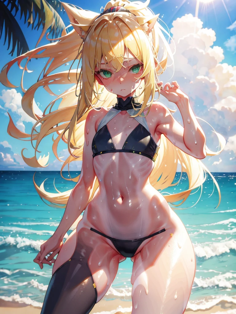 Flat chest, , sun rays, blonde hair, big green eyes, low ponytail, parted bangs, (sweaty skin:1.2), detailed background, beach, light particles, illustration, transparent clothes, absurd detail, HDR, 4K, huge ass, wide hips, thighs, legs, knees, tail