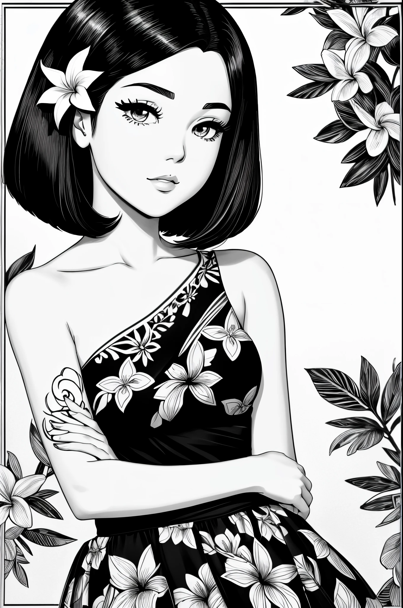 black and white simple drawing, 1 girl with plumeria flowers in the background,((Alone)),((Shoulder length straight bob hair)), Lolita in floral skirt, Its exquisite ink line art, Manhwa Style, Portrait of Polynesian girl, Marilyn Monroe, Hollywood glamour, beautiful line art, black and white manga style, Manhwa Style, comic artstyle, pencil and ink manga, black and white coloring