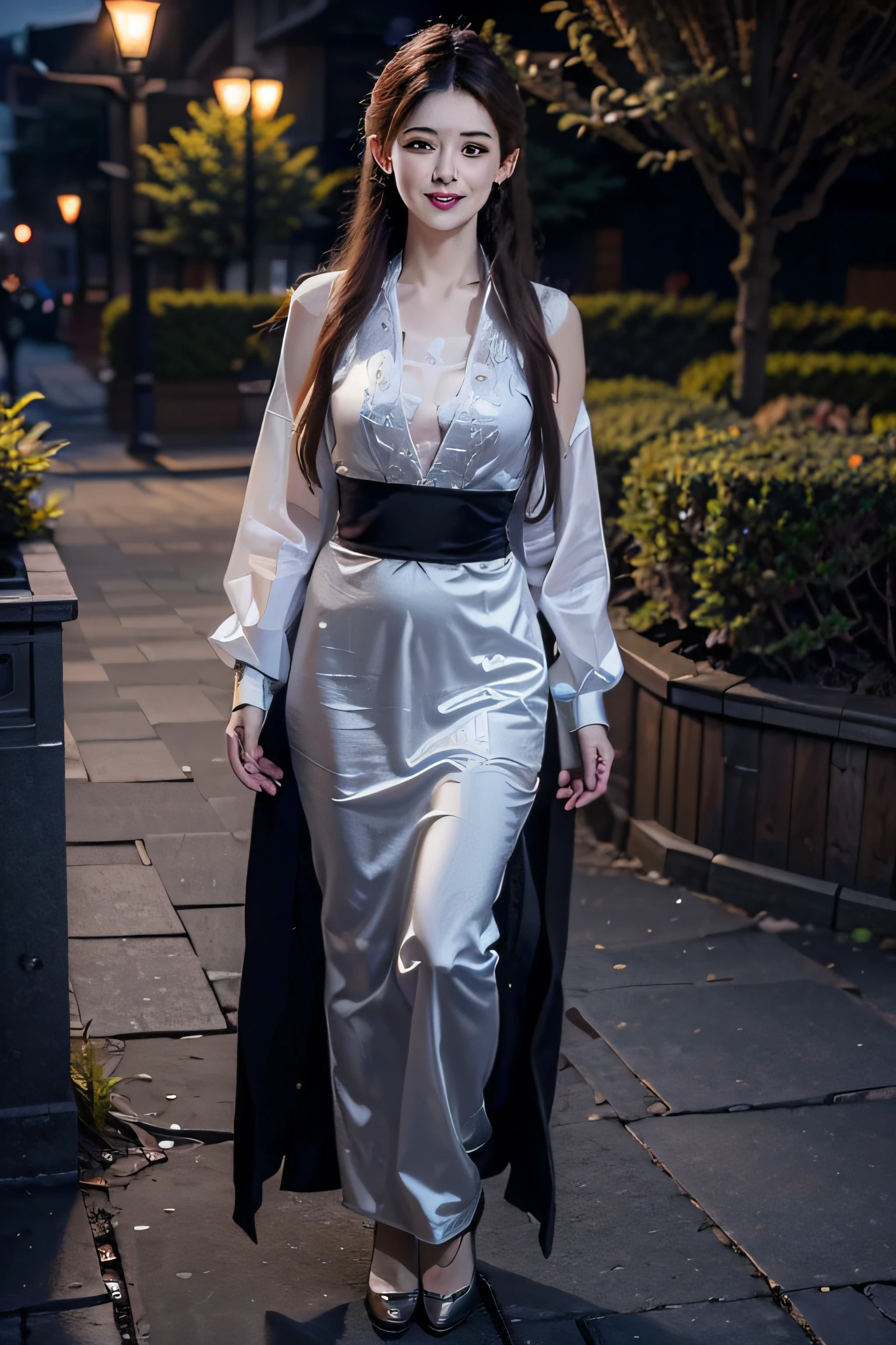 (photorealistic:1.4),(detailed eyes:1.3),(realistic, photo-realistic:1.37),(Medium view:1.5),(Half body),1girl,best quality,ultra-high res,Tokyo street,Vest,long Colour hair,waist,Smile,Slim,Night,