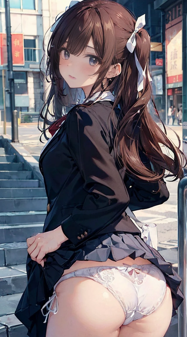 Brown hair、(Brown Eye Degree:1.5)、One side up、Hair Ribbon、bow ribbon、long、Break the blazer、a blue skirt、jaket、Otonokizaka Uniform、pleatedskirt、student clothes、Winter clothes、BREAK (masterpiece:1.2)、top-quality、hight resolution、unity 8k wall paper、(illustratio:0.8)、(beatiful detailed eyes:1.6)、extra detailed face、Perfect litthing、Highly detailed CG、 (perfect hand、perfect anatomia)、Look at viewers、red blush、piece sign、Stand on the stairs, (On the stairs), (lower body shot), Thigh Focus, (Taken from the bottom 1.3), (View from behind1.3)、 (white panties:1.3)、(Skirt that rolls up:1.3)、(Fully exposed panties:1.5),(Show your ass:1.3)、(Micro underwear made of white ribbon、no-cloth panties:1.1)