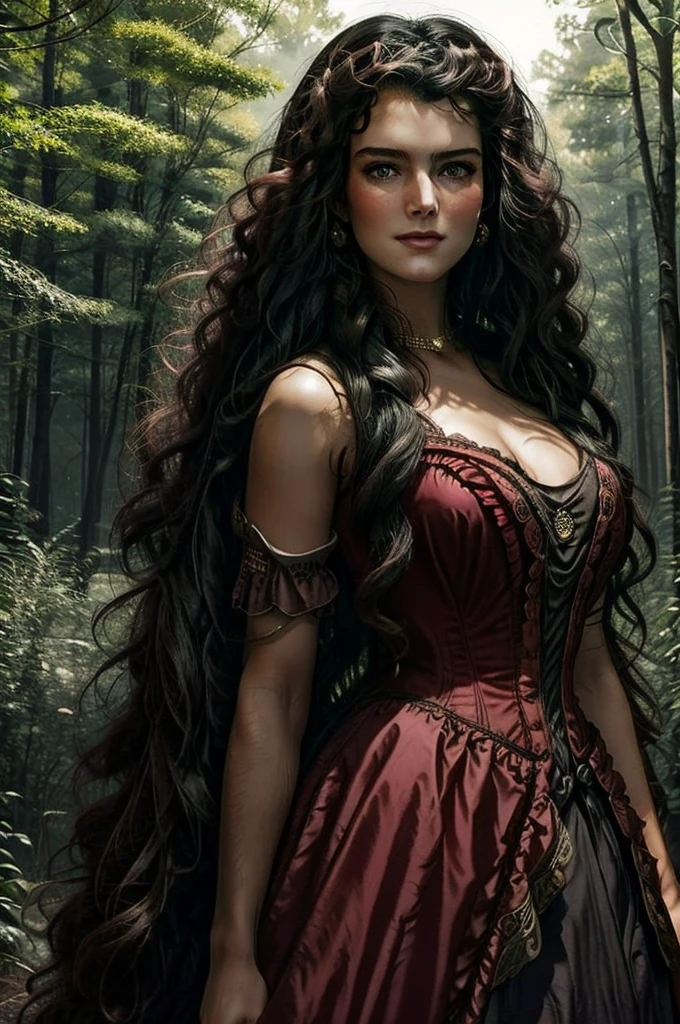 a woman with ((long curly black hair)), ((green eyes)), 18 years old, smiling, sexy body, wearing red dress with colorful layers and full skirt,((Victorian era style)), ((Half Body Shot)), in the background gypsy carriage in a forest, Daeni Pin Style, [Daniel F. Gerhartz Style::0.5], UHD Image, Hire, 8k, Photo-Realistic, Epic Lighting, Sharp, Realistic, Romantic, Focus,