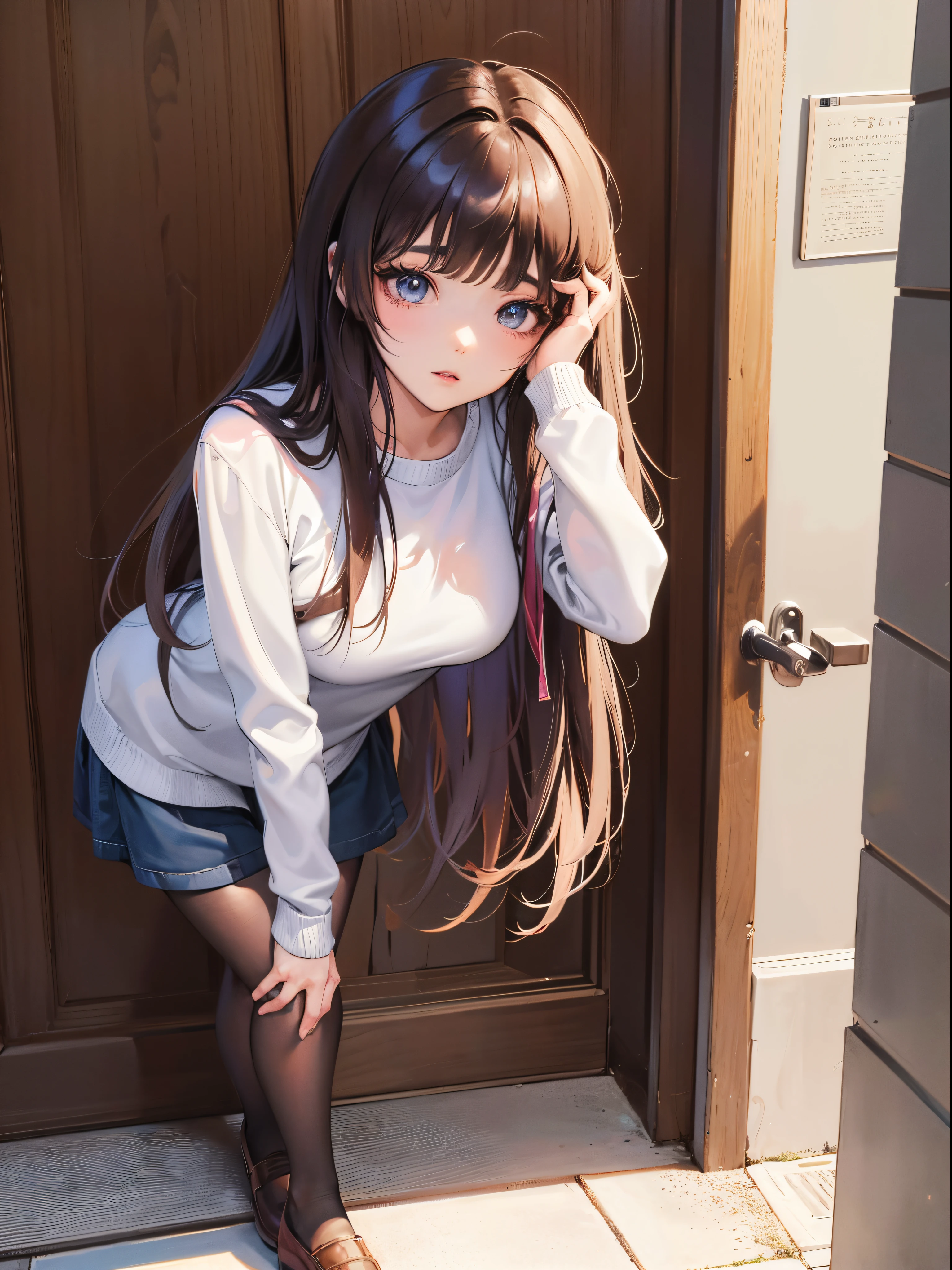 A woman leaning against the door posing for a photo, an anime drawing by Shitao, Hot topics on pixiv, scribbles, realistic anime 3D style, seductive anime girls, attractive anime girls, Guweiz style artwork, beautiful alluring anime , Casual pose, anime girl in real life, realistic young anime girl, ecchi style